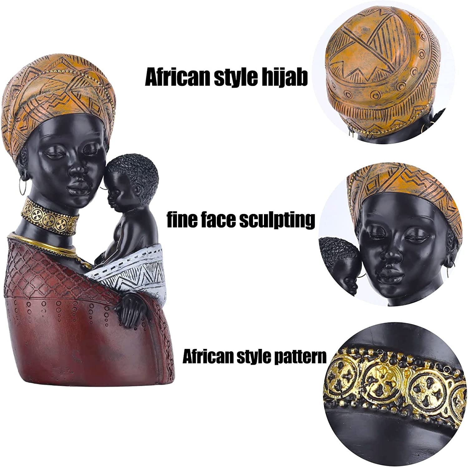 African Women Bust African Art Sculptures, African American Woman and Son Statue, Black Statues African Woman Bust Statue, Suitable for Living Room Desktop Room Bookcase Entrance Decor