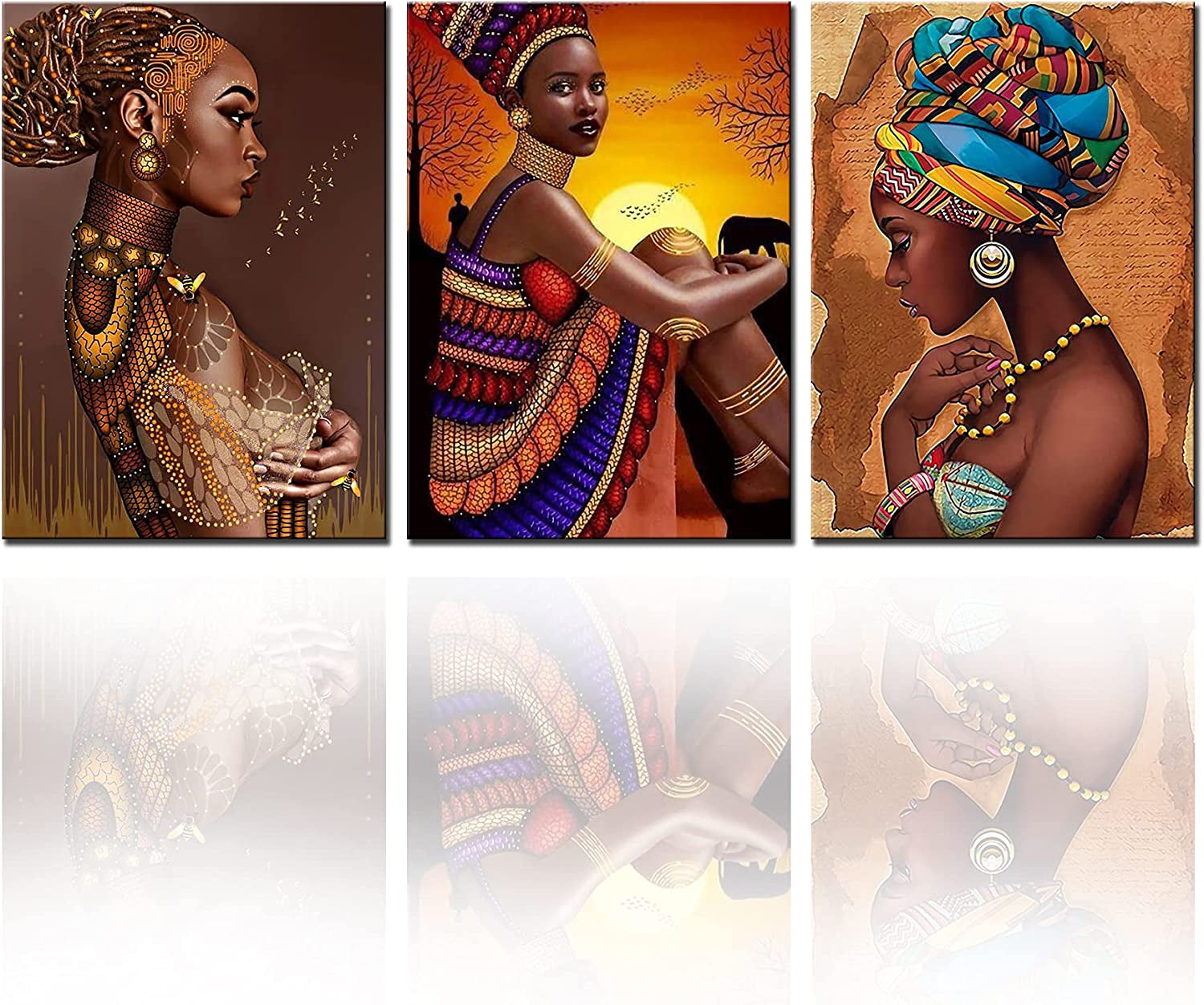 African Women Portrait Canvas Wall Art for Living Room Decor 3 Pieces Colorful Weird African Girl Oil Paintings Brown Kitchen Wall Decor Artwork Home Decor Room Wall Pictures Framed 42X20 Inch