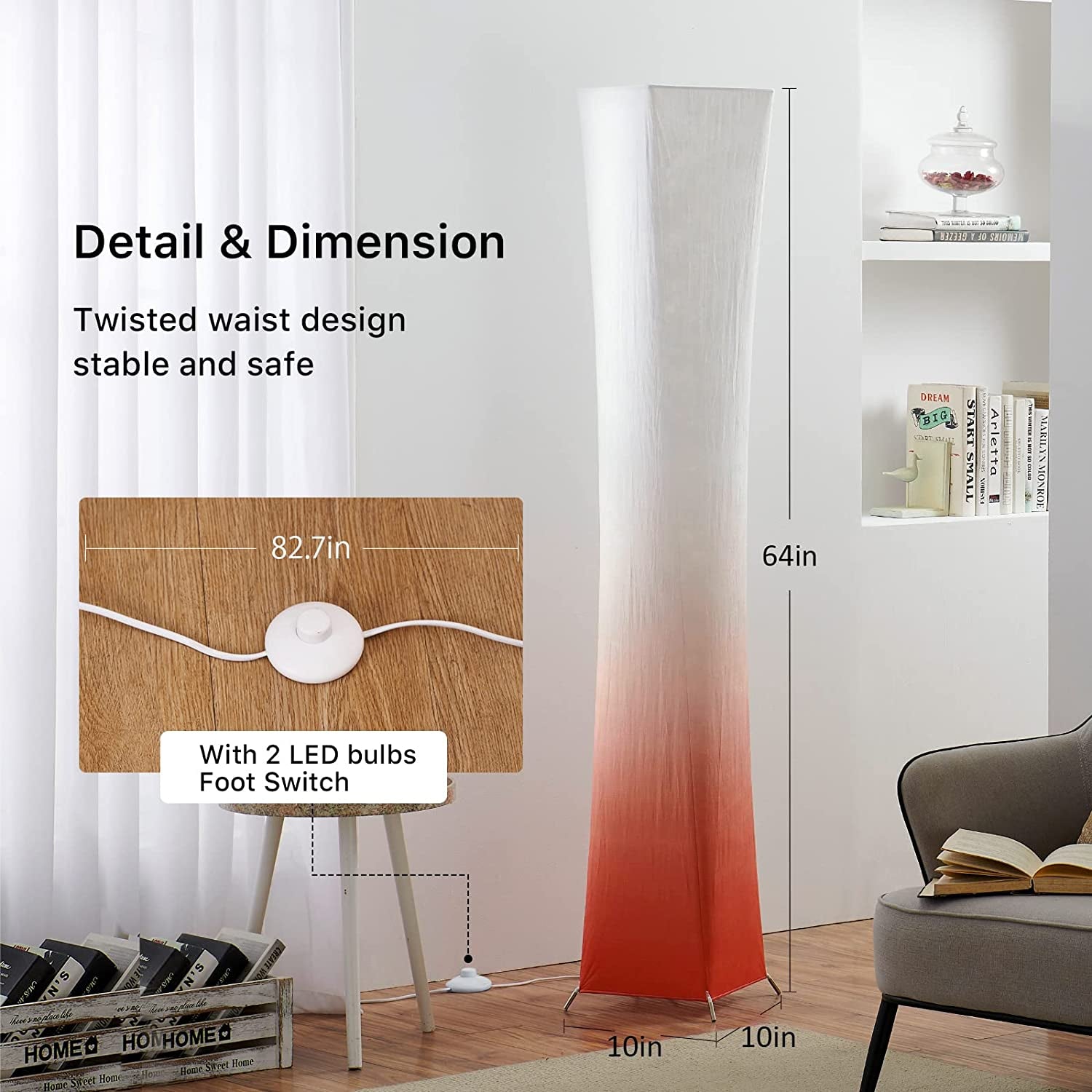 Floor Lamp for Living Room, 64"(XL) Standing Lamp, RGB Color Changing LED Bulbs, Adjustable Brightness Color Temperature, Red Fabric Lampshade, Remote Control, for Bedroom Kids Room Play Room