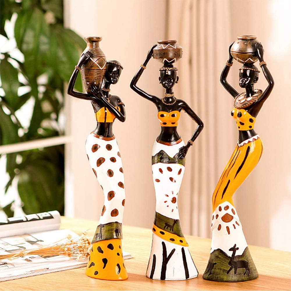 3 Pack African Sculpture,7.5" Women Figure Girls Tribal Lady Figurine Statue Decor Collectible Art Piece Human Decorative Home Black Figurines Creative Vintage Gift Crafts Dolls Ornaments