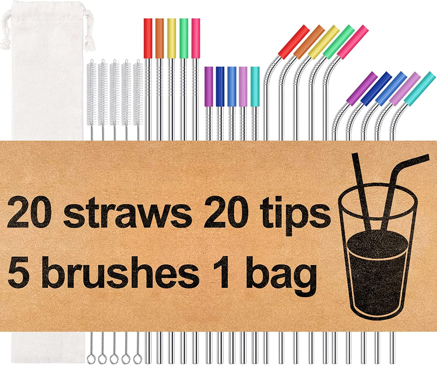 20 Pack Reusable Stainless Steel Metal Straws,10.5" & 8.5" Reusable Drinking Straws with 20 Silicone Tips 5 Straw Brushes 1 Travel Case,Eco Friendly Extra Long Metal Straw Fit for 20 24 30 Oz Tumbler