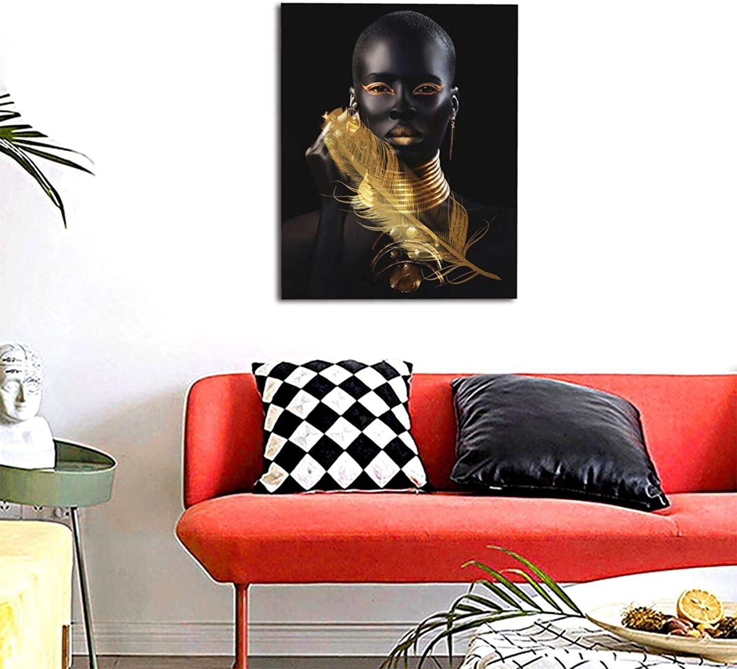African American Wall Art Minimalist Painting, Abstract Gold and Black Woman Poster Canvas Prints Portrait Artwork Modern Home Framed Ready to Hang for Living Room Bedroom Decoration 16X20 Inch
