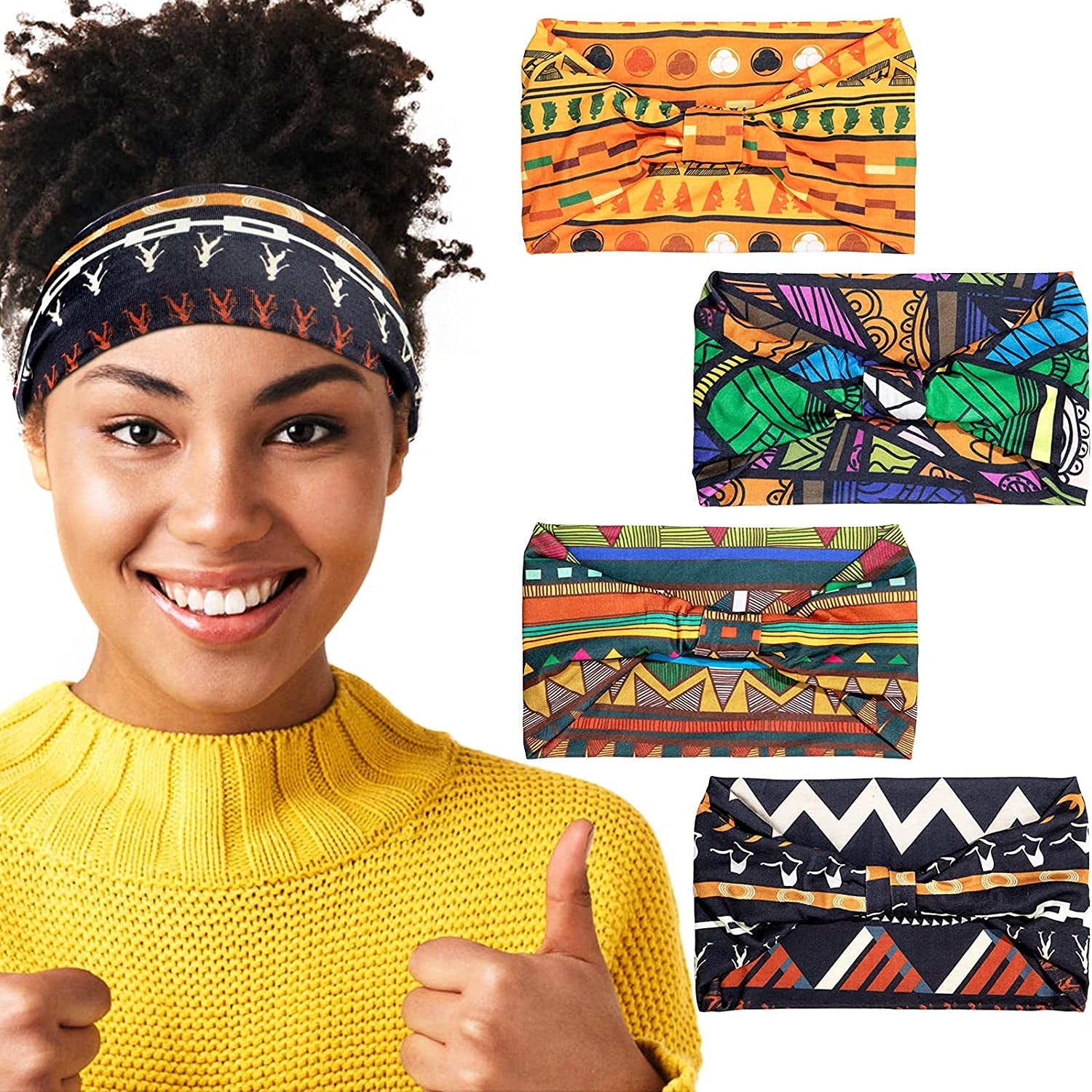 4 Pieces African Headbands Knotted Wide Yoga Stretchy Bandeau Headwrap Hair Accessories for Women and Girls (Vintage Series)