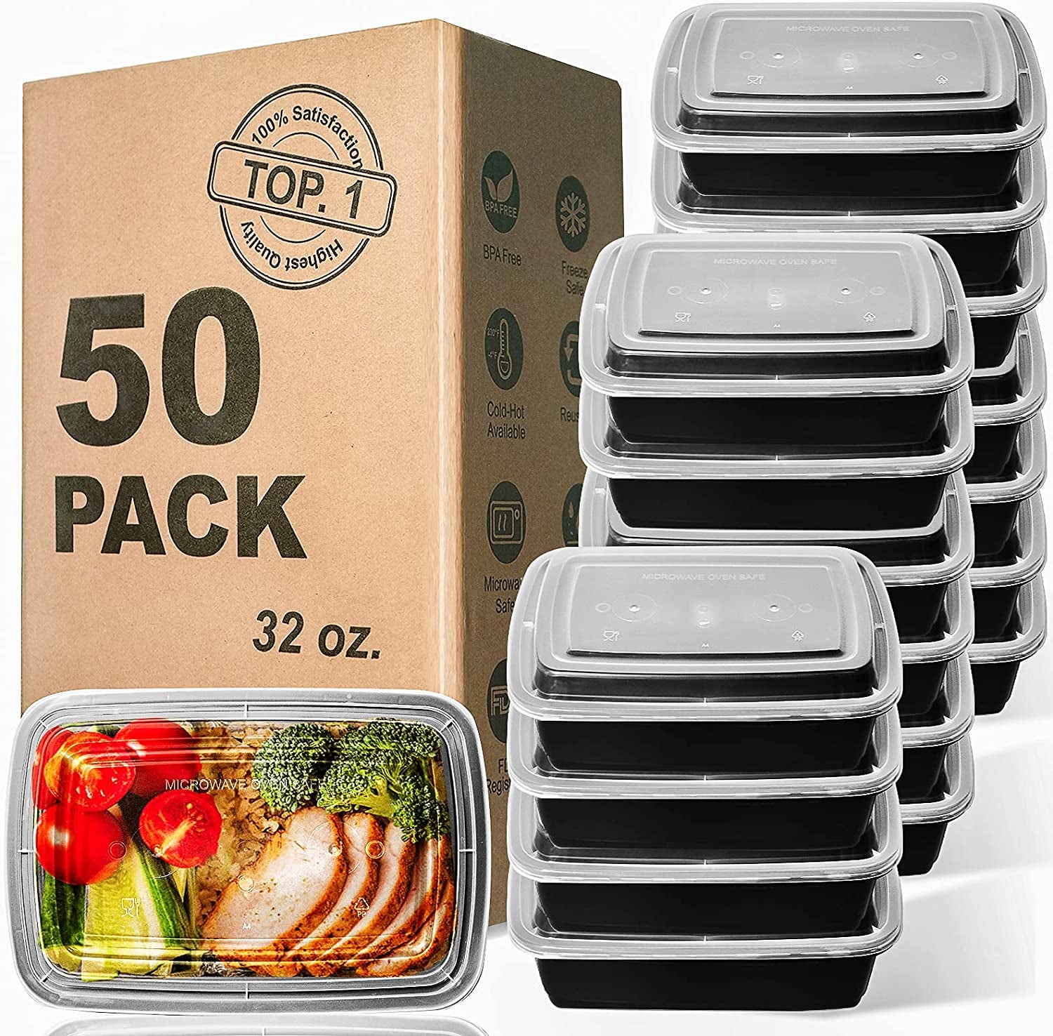 Meal Prep Containers, 32OZ 50 Pack Extra-Thick Food Storage Containers with Lids, Plastic Microwavable Bento Box Reusable Storage Lunch Boxes BPA Free, Stackable, Dishwasher/Freezer Safe