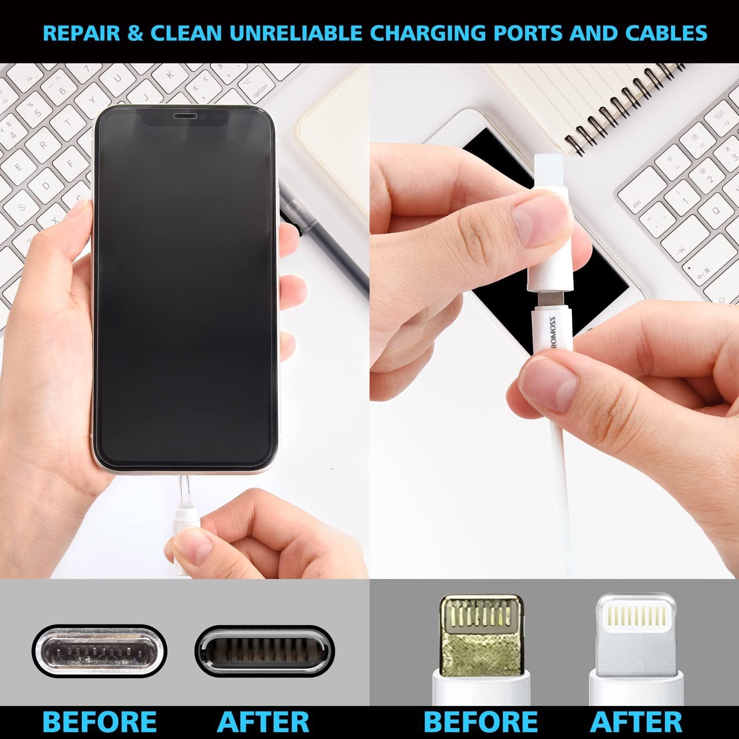 Cleaning Kit for Iphone, Multi-Tool Airpod Cleaner Kit, Cell Phone Cleaning Repair & Recovery Iphone and Ipad (Type C) Charging Port, Lightning Cables, and Connectors, Easy to Store and Carry（White