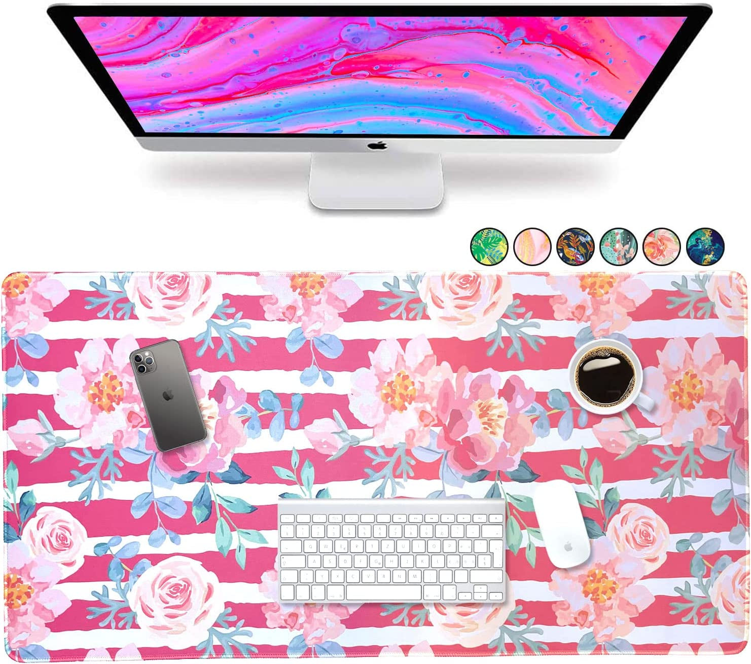 Large Mouse Pad Desk Mat Keyboard Desktop Home Office School Essentials College Cute Decor Big Laptop Protector Computer Accessories Pretty Mousepad Floral Pink Roses White Stripe 30"X15"