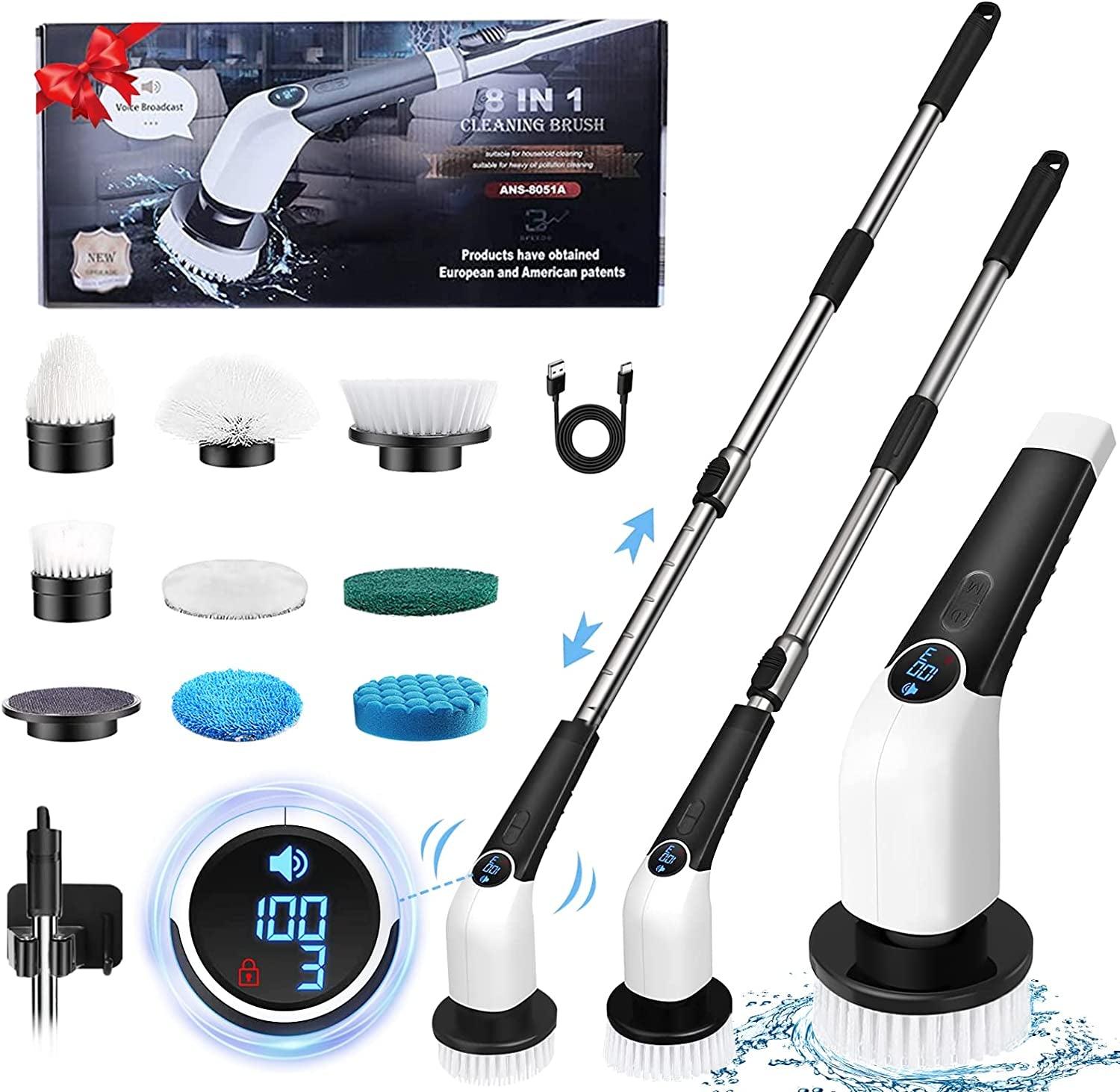 Electric Spin Scrubber,  Shower Scrubber with LED Screen, Power Shower Scrubber for Bathroom, Kitchen, Floor, Tile, Tub with 12-45 in Adjustable Extension Arm and 8 Replaceable Drill Brush Heads