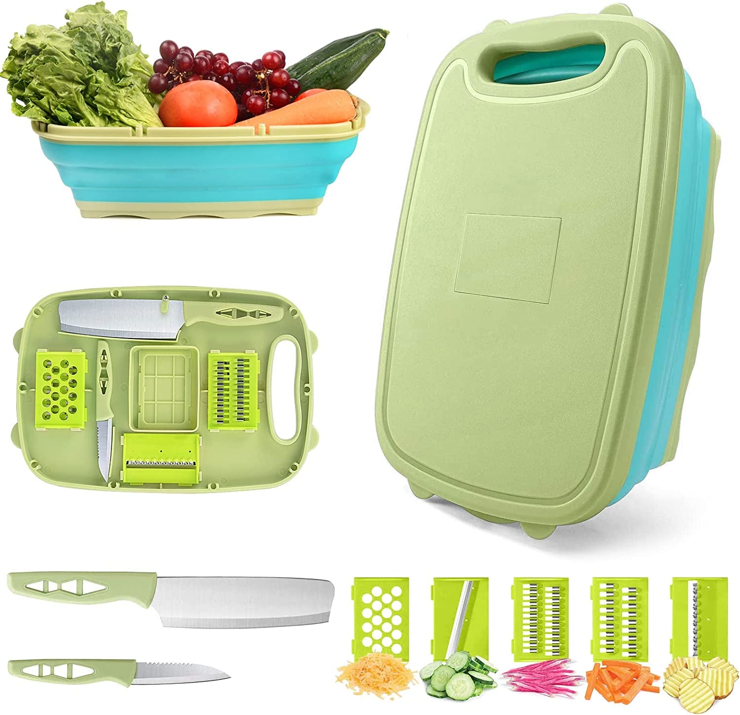 Collapsible Cutting Board,  Foldable Chopping Board with Colander, 9-In-1 Multi Chopping Board Kitchen Vegetable Washing Basket Silicone Dish Tub for Camping, Picnic, BBQ, Kitchen-Green