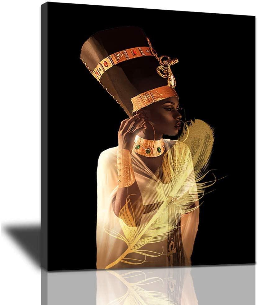 African American Wall Art, Canvas Painting Black and Golden Woman Portrait Abstract Gold Earrings Necklace Poster Artwork Modern Home Decorations Framed Ready to Hang for Living Room Bedroom12X16Inch