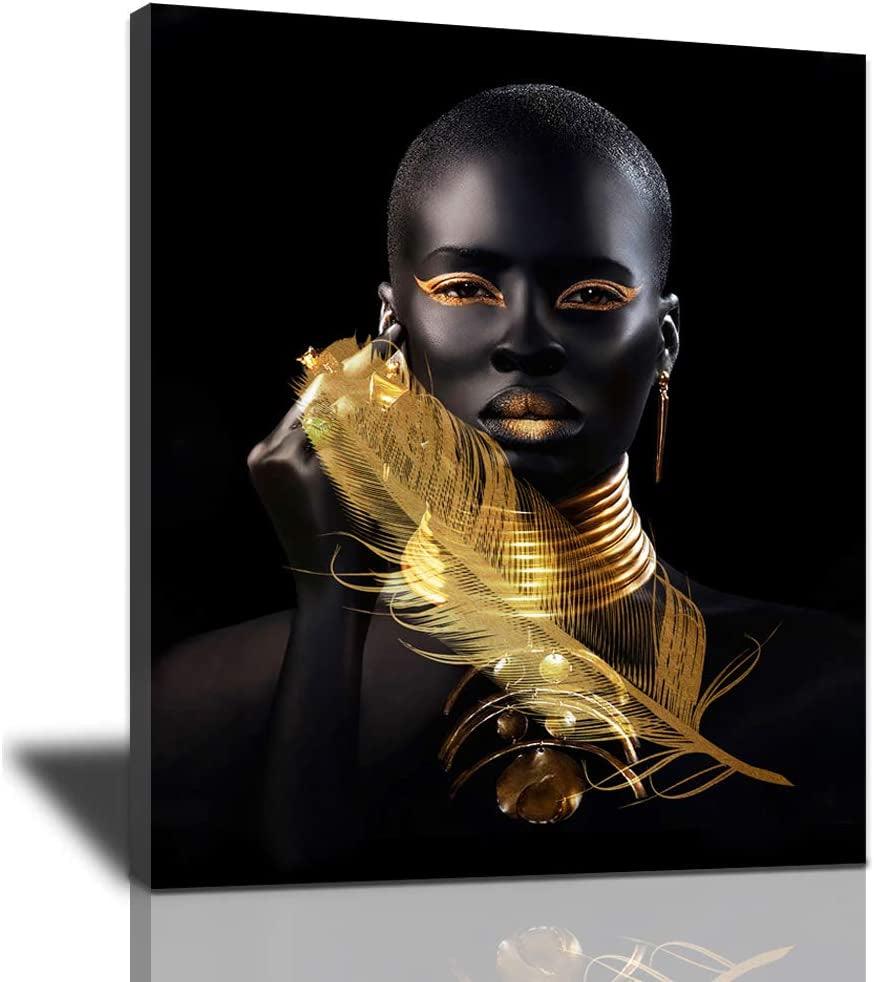 African American Wall Art Minimalist Painting, Abstract Gold and Black Woman Poster Canvas Prints Portrait Artwork Modern Home Framed Ready to Hang for Living Room Bedroom Decoration 16X20 Inch