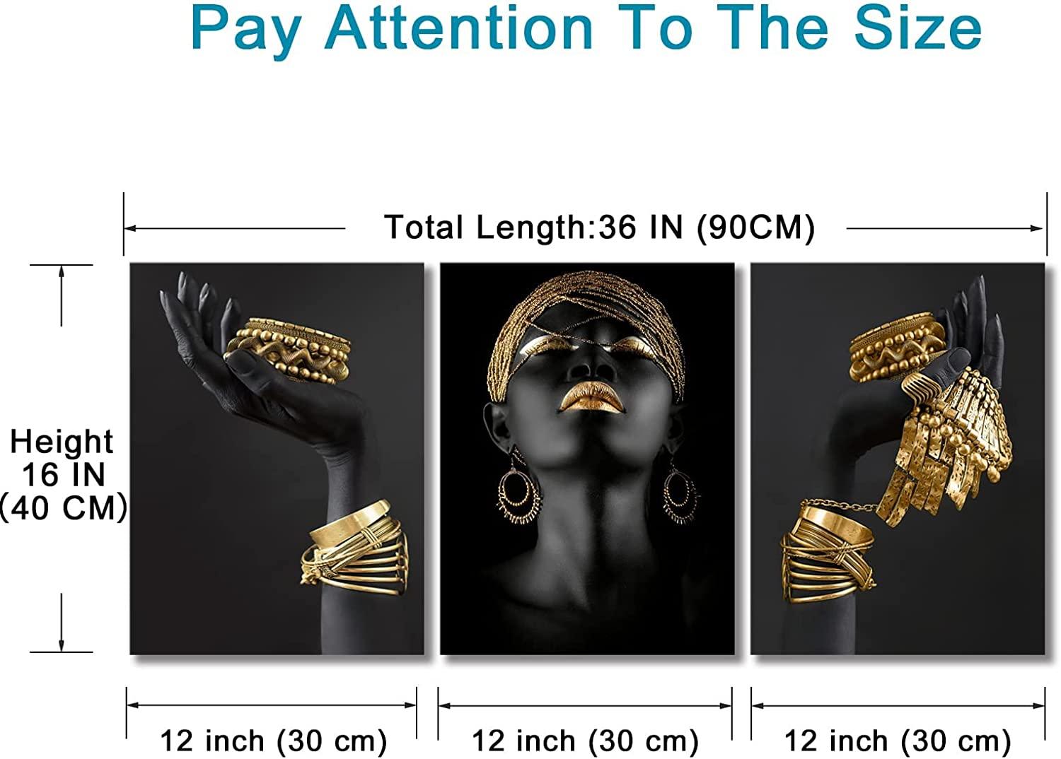 Black Gold African American Woman Canvas Wall Art, 3 Piece Set Fashion Golden Jewellery Print Picture Artwork, Modern Framed Poster Girl Bedroom Living Room Home Decorations, 12" X 16" X 3