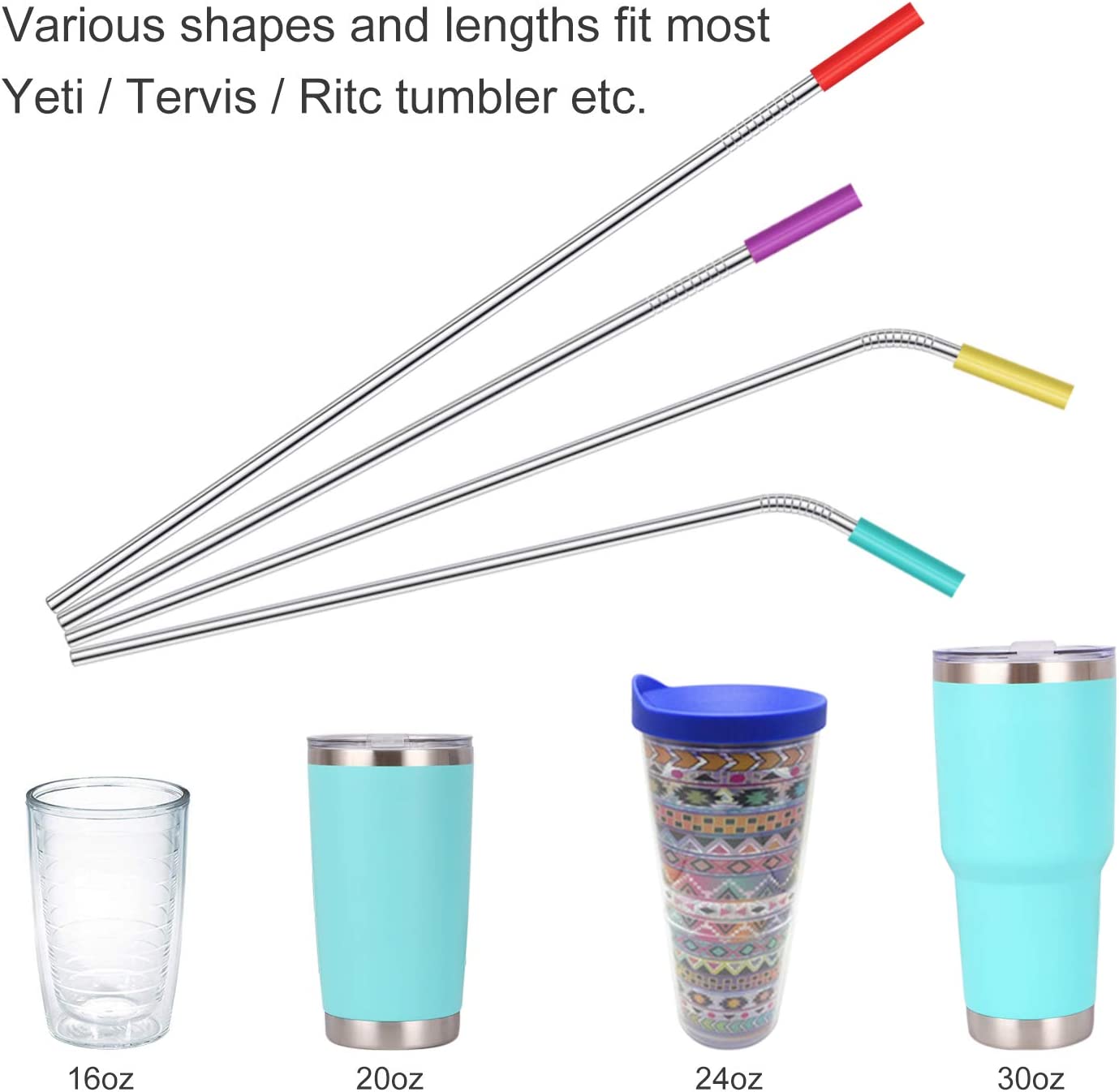20 Pack Reusable Stainless Steel Metal Straws,10.5" & 8.5" Reusable Drinking Straws with 20 Silicone Tips 5 Straw Brushes 1 Travel Case,Eco Friendly Extra Long Metal Straw Fit for 20 24 30 Oz Tumbler