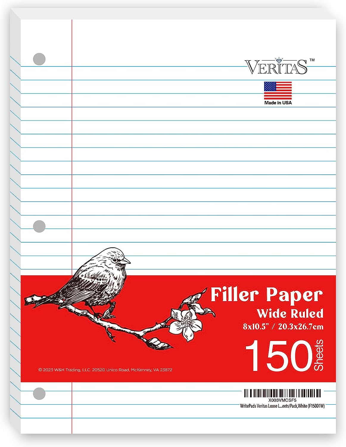 Notebook Paper Loose Leaf Paper, Standard 8"X10-1/2" Wide Ruled Filler Paper,3 Hole Punched Binder Paper for 3 Ring Binder,150 Sheets/Pack, 4 Pack White (F60001W)