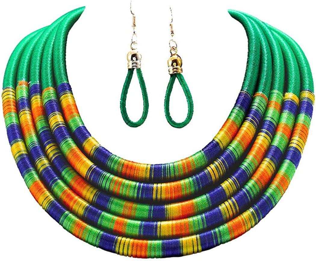 African Necklace Earrings Set Multilayer Woven Rope Choker Layered Strand Collar Statement Jewelry Accessories for Women and Girls