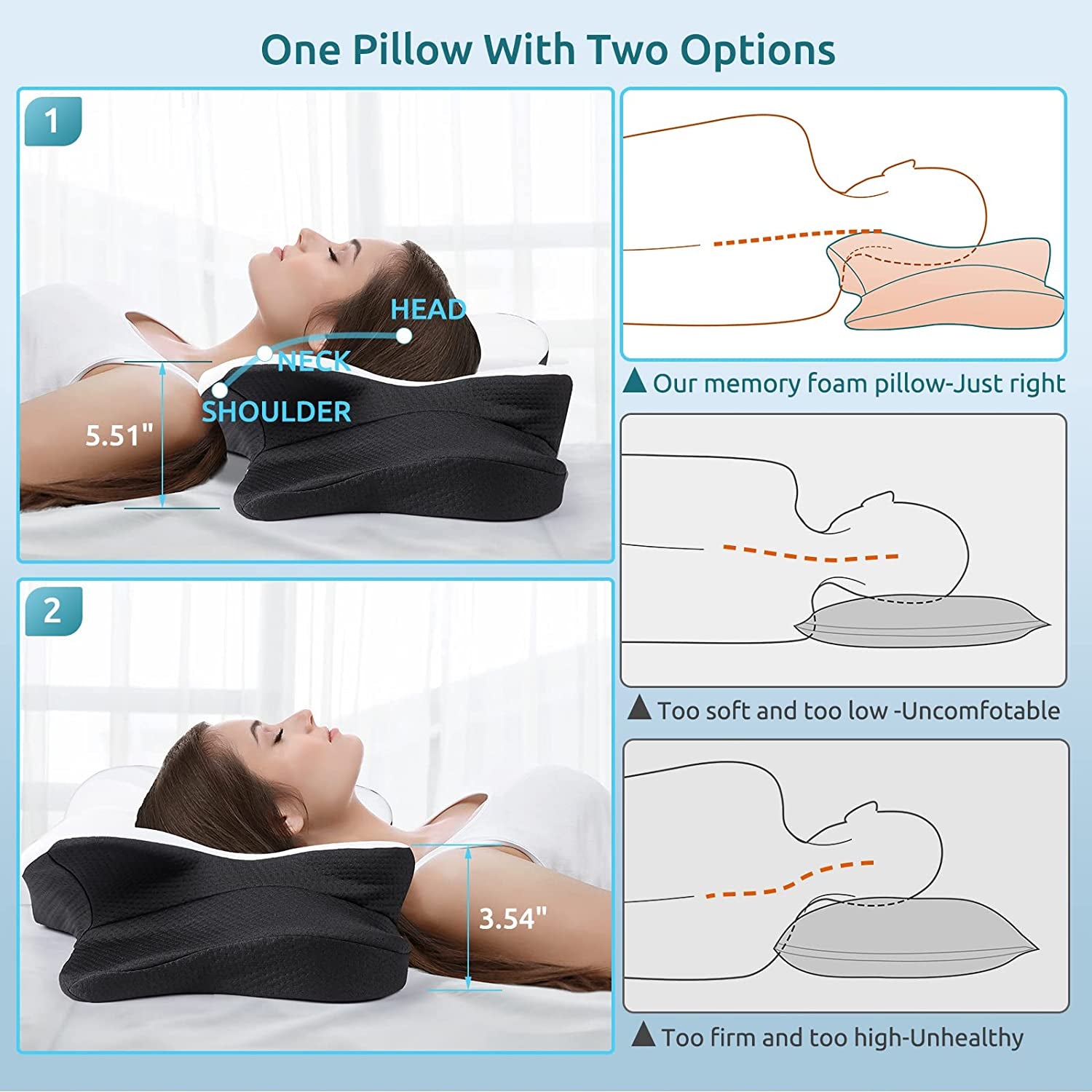 Cervical Pillow for Neck Pain Relief,Contour Memory Foam Pillow,Ergonomic Orthopedic Neck Support Pillow for Side,Back and Stomach Sleepers with Breathable Pillowcase-Black