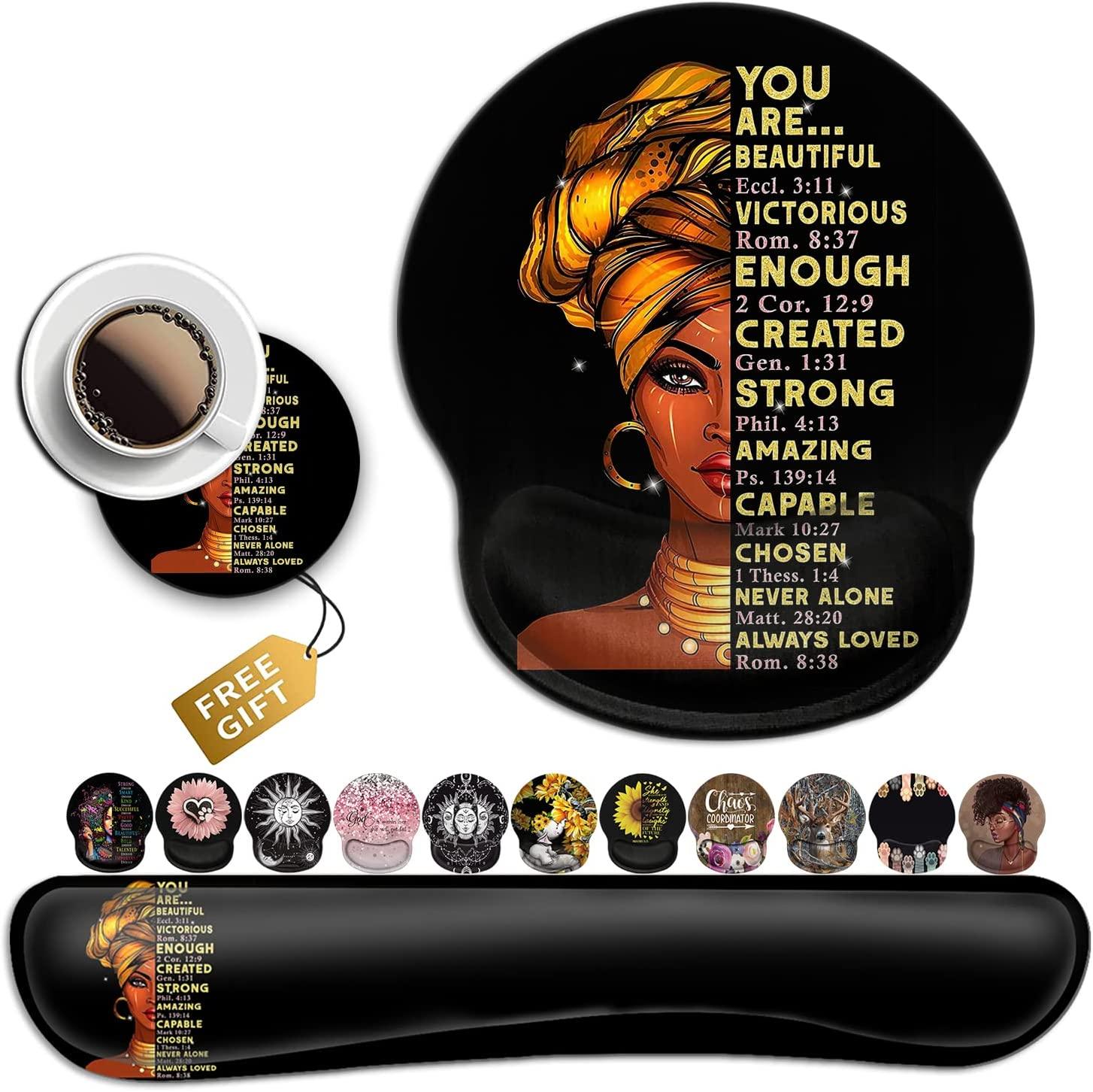 Black Mouse Pad with Stitched Edge Non-Slip Rubber Base, Office Accessories Desk Decor for Computers , Mouse Pad and Keyboard Wrist Guard Set,African American Wall Art Black Woman Queen Pattern