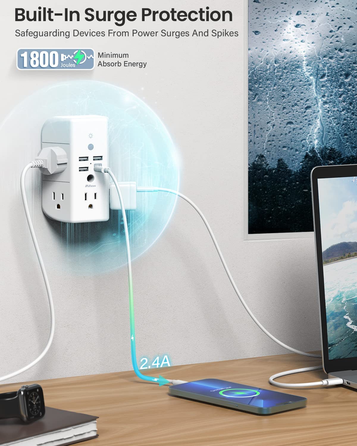 Wall Outlet Extender with Shelf and Night Light,Surge Protector,Usb Wall Charger with 5 USB Outlets and 3 USB Ports 1 USB C Outlet Wide Space 3-Sided Power Strip Multi Plug Outlets…