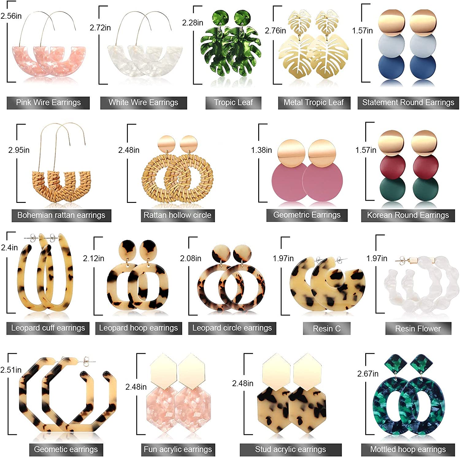 18 Pairs Statement Rattan Earrings for Women Girls Summer Beach Straw Earrings Fun Acrylic Hoop Drop Dangle Earrings Fashion Resin Jewelry Set Hypoallergenic for Sensitive Ears