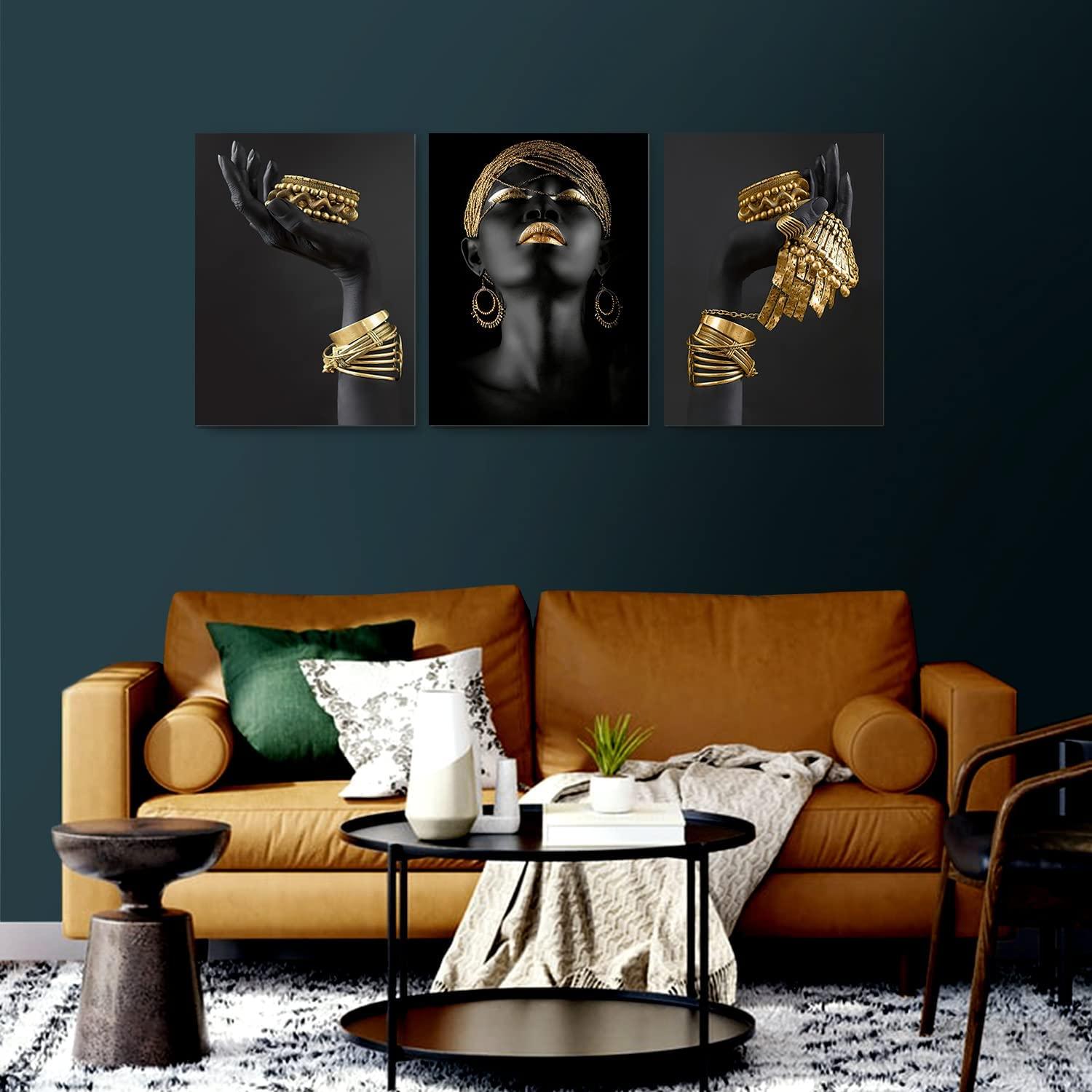 Black Gold African American Woman Canvas Wall Art, 3 Piece Set Fashion Golden Jewellery Print Picture Artwork, Modern Framed Poster Girl Bedroom Living Room Home Decorations, 12" X 16" X 3