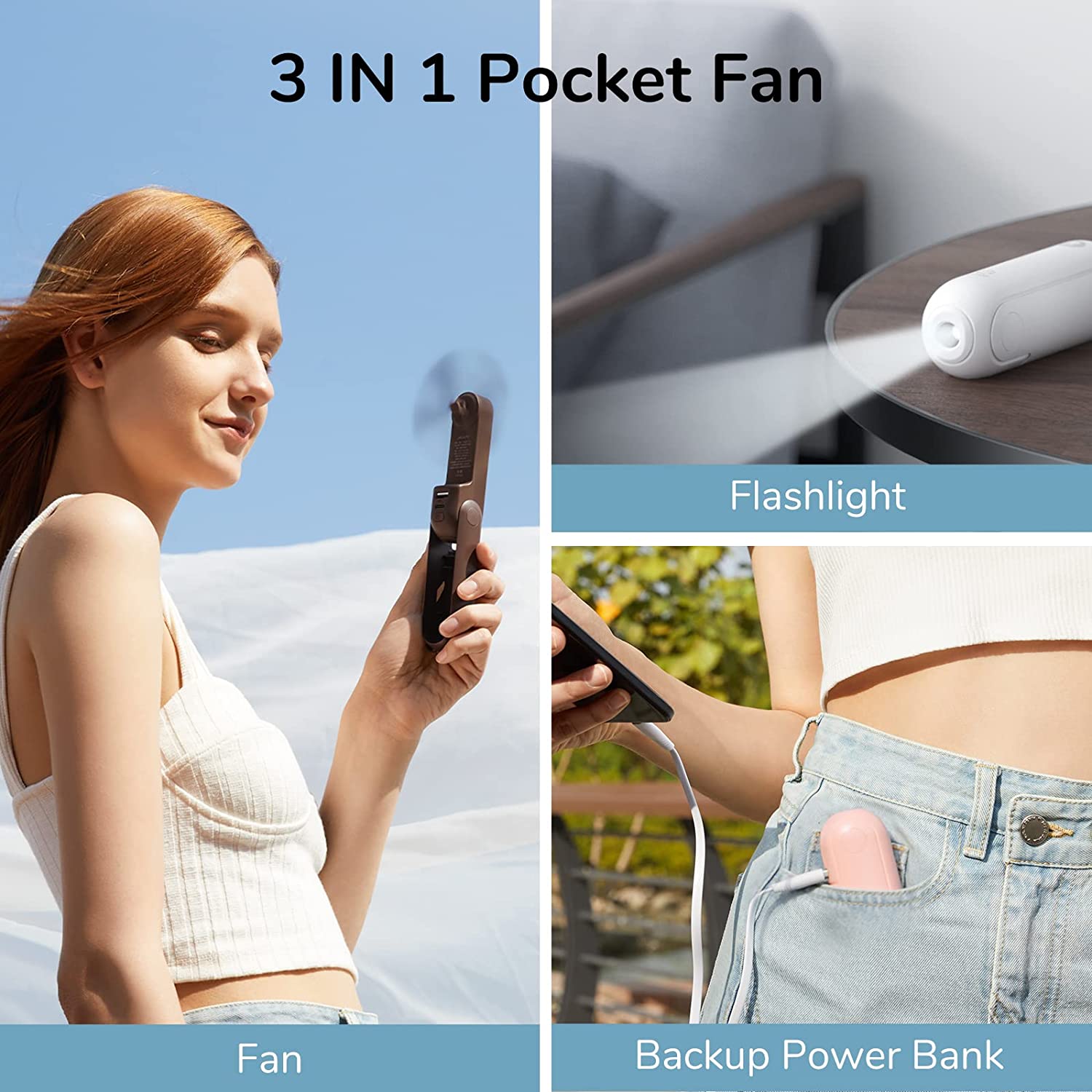 Handheld Mini Fan, 3 in 1 Hand Fan, Portable USB Rechargeable Small Pocket Fan, Battery Operated Fan [14-21 Working Hours] with Power Bank, Flashlight Feature for Women,Travel,Outdoor-White, 1 Count (Pack of 1)