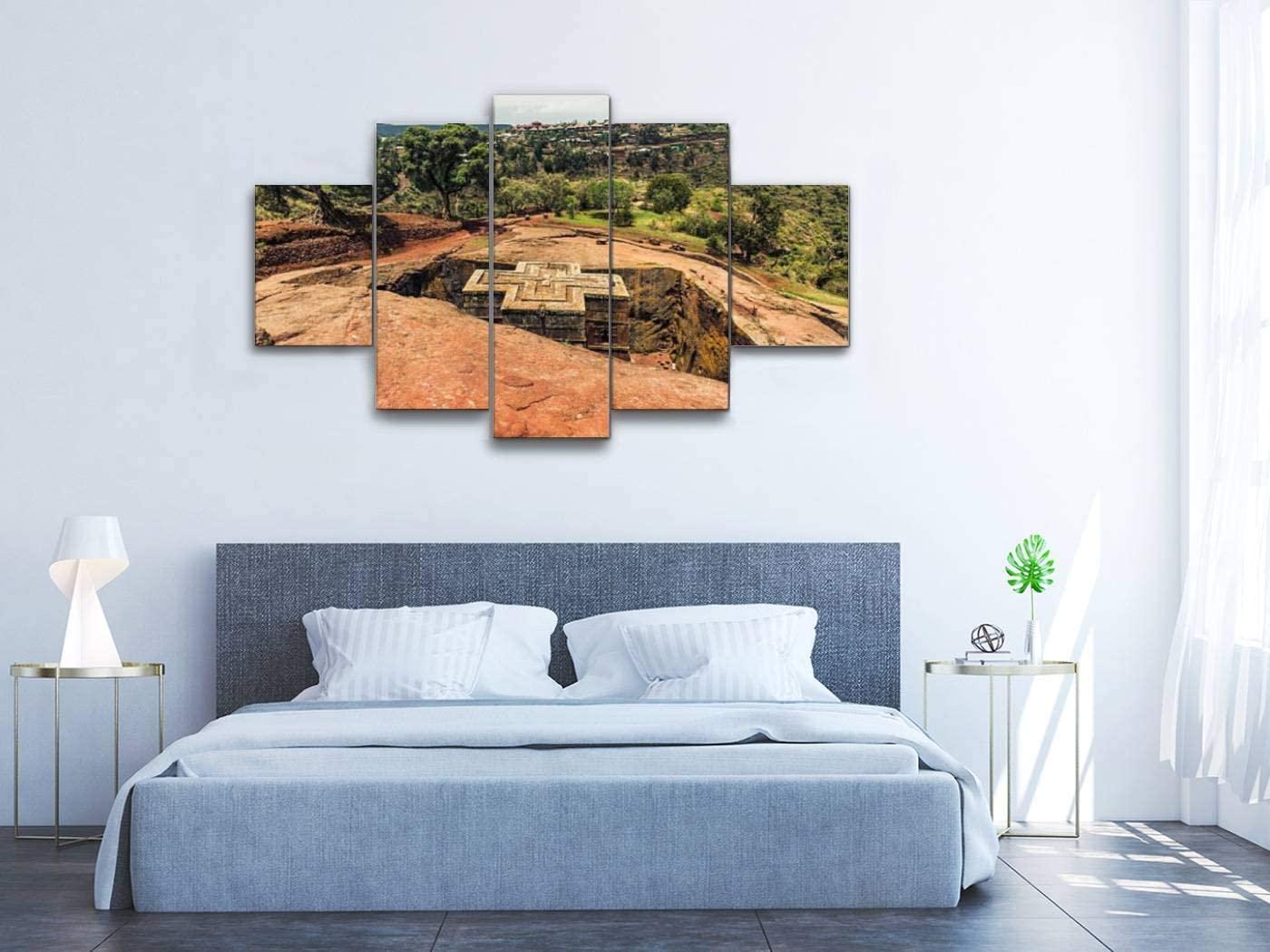 Canvas Art Wall St George Church in Lalibela Ethiopia Paintings Vintage Prints Home Decor Artworks Gift Ready to Hang for Living Room 5 Panels Large Size