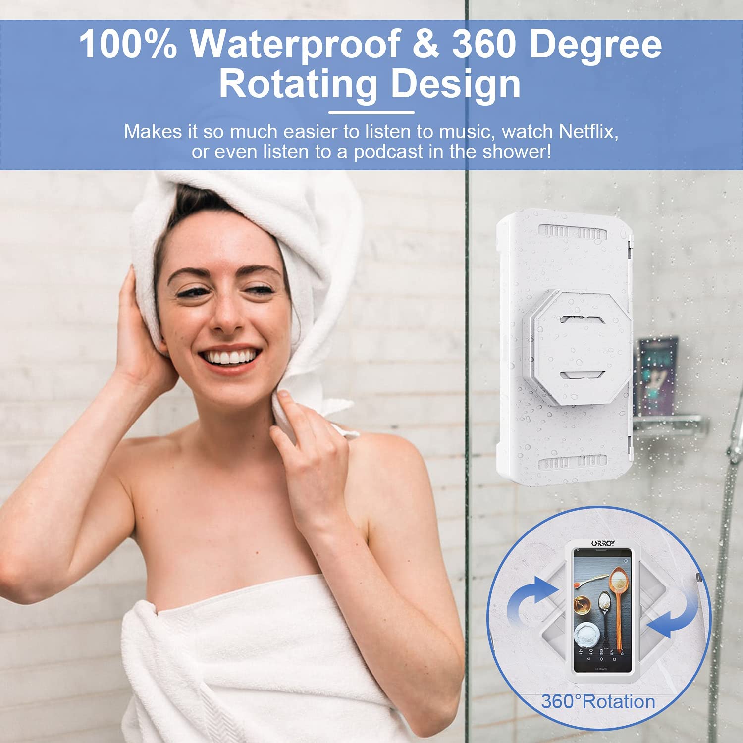 Waterproof Shower Phone Holder, 360° Rotation Shower Phone Case, Anti-Fog High Sensitivity Cover Mount Box for Bathroom Wall Mirror Bathtub Kitchen, Compatible with 4" - 7" Cell Phones