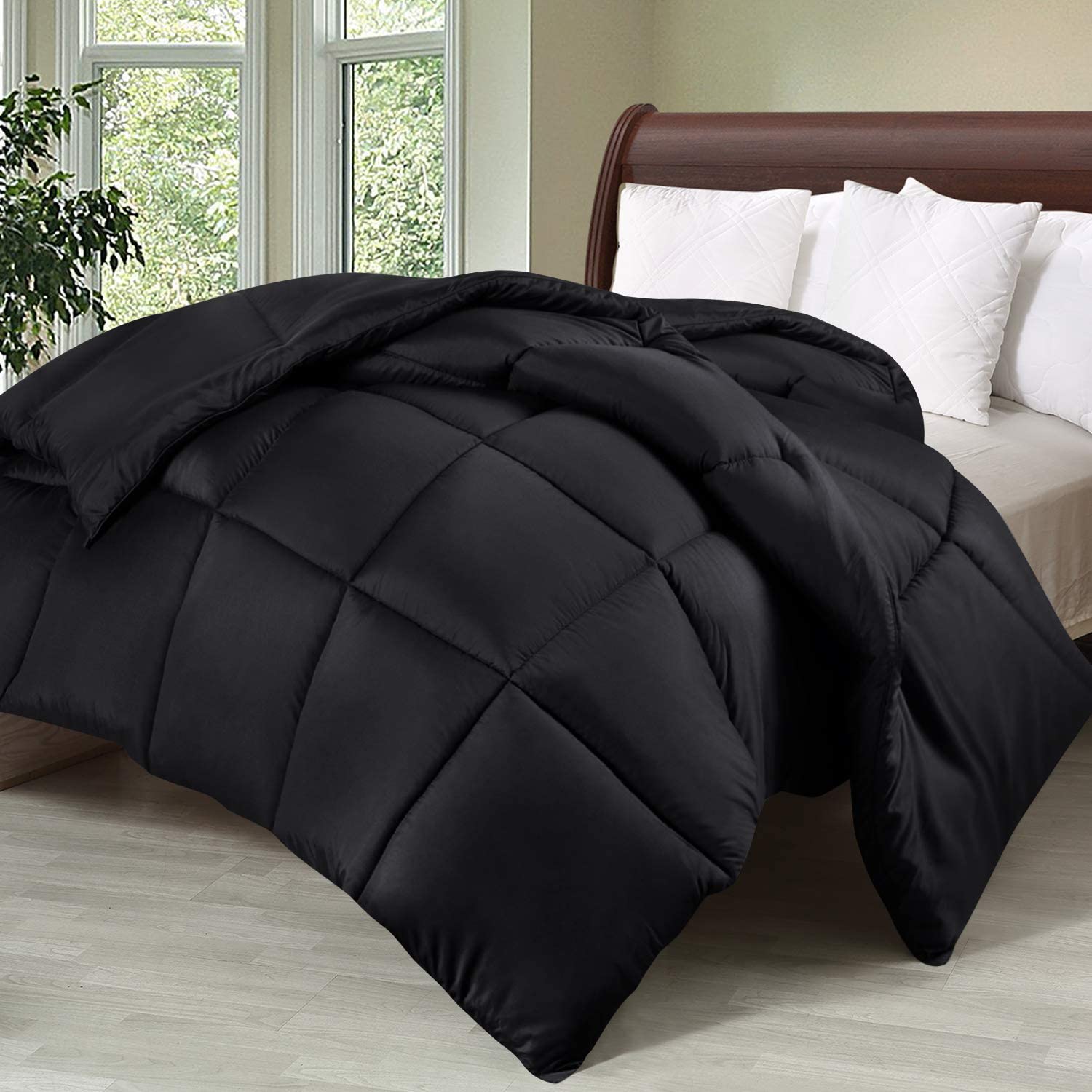 Comforter Duvet Insert - Quilted Comforter with Corner Tabs - Box Stitched down Alternative Comforter (Queen, Black)
