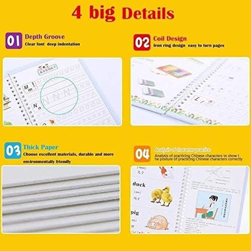 Digmonster™ Magic Ink Copybooks for Kids Reusable Handwriting Workbooks for Preschools Grooves Template Design and Handwriting Aid Practice for Kids the Print Writing (4 Books with Pens)