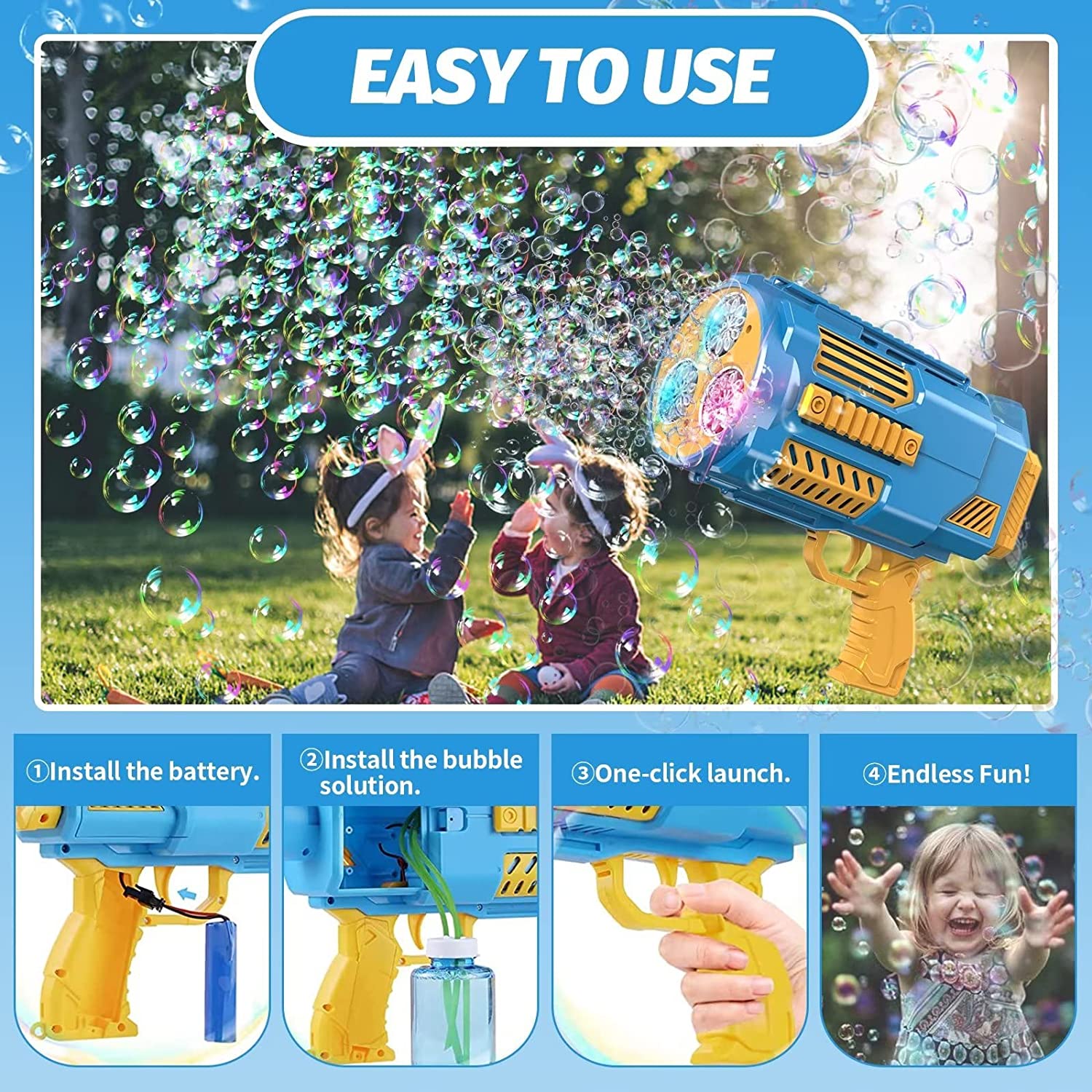 Bubble Machine Automatic Bubble Gun with Colorful Lights and Thousands Bubbles, Bubbles Kids Toys for Girls Boys 3 4 5 6 7 8 9 10 11 12 Years Old Fun Outdoor Gifts