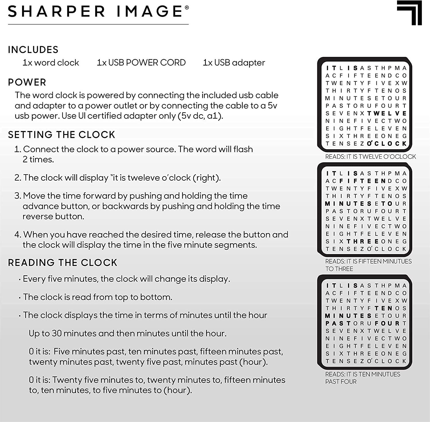 SHARPER IMAGE® LED Light-Up Word Clock, 7.75" Modern Design, Electronic Accent Wall or Desk Clock, USB Cord & Power Adapter, Unique Contemporary Home & Office Decor, Easy Setup, Housewarming Gift