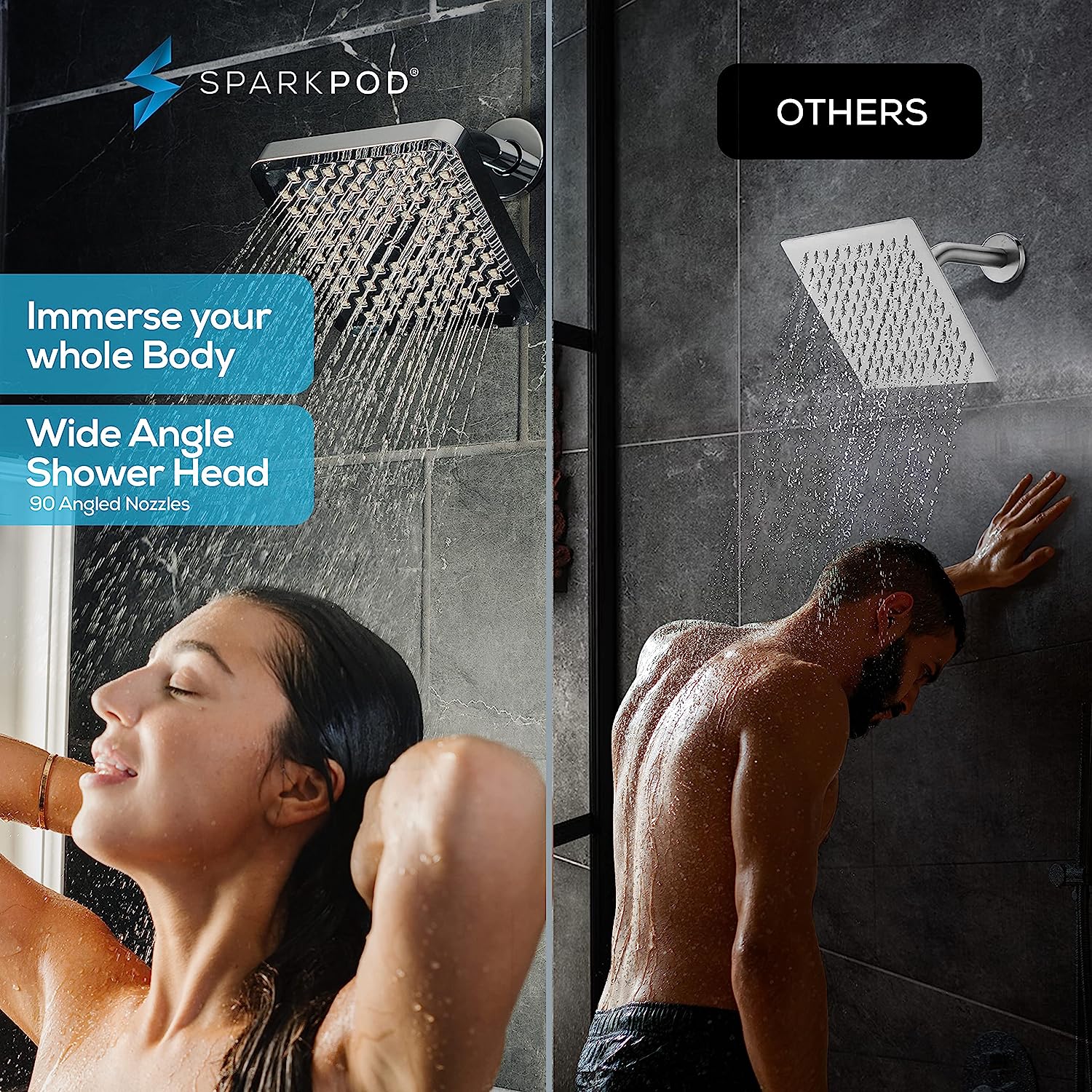 Sparkpod Fixed Shower Head - High Pressure Rain - Luxury Modern Chrome Look - Easy Tool Free Installation - Adjustable Replacement for Your Bathroom Shower Heads (Polished Chrome, 8 Inch Square)