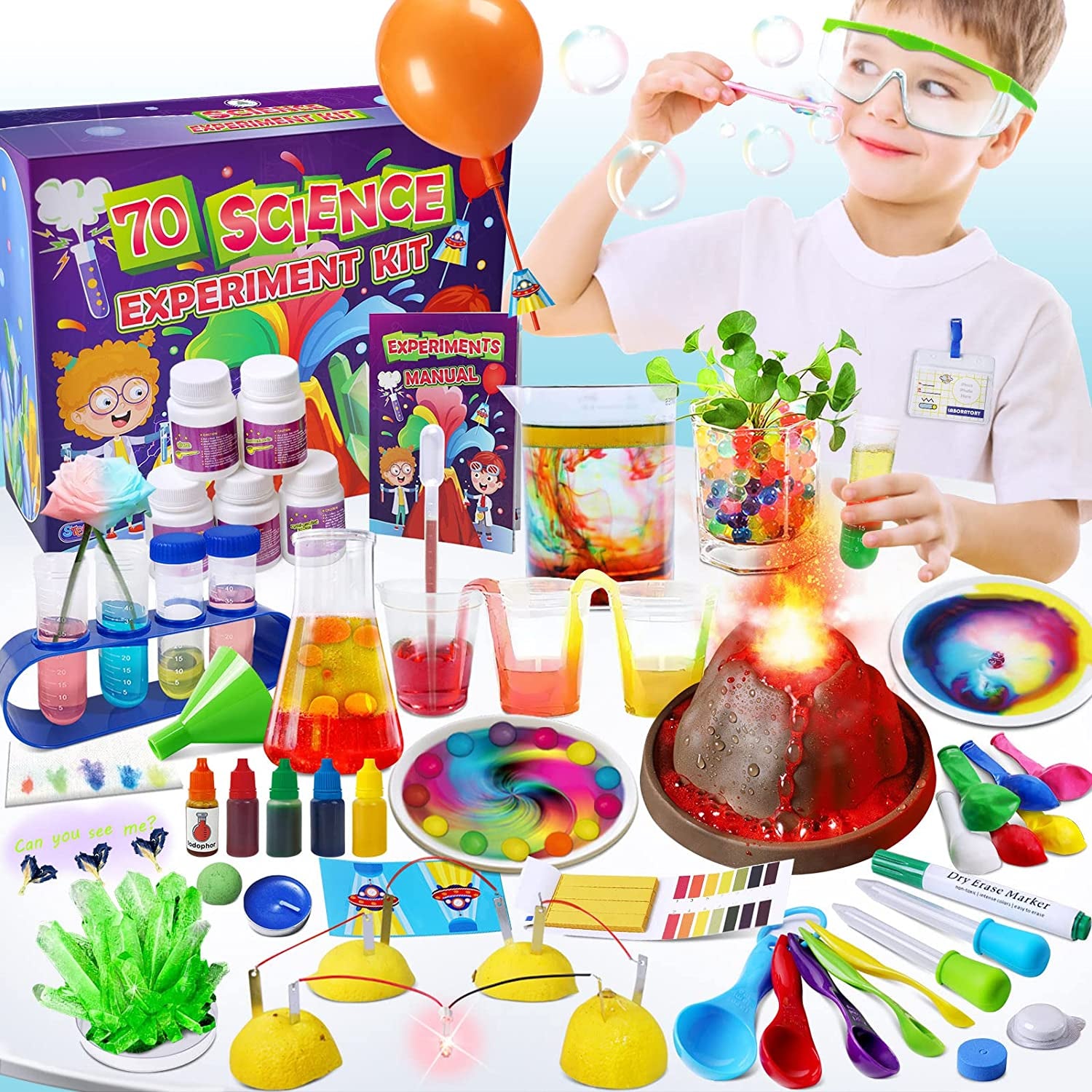 70 Lab Experiments Science Kits for Kids Age 4-6-8-12 Educational Scientific Toys Gifts for Girls Boys, Chemistry Set, Crystal Growing, Erupting Volcano, Fruit Circuits STEM Activities