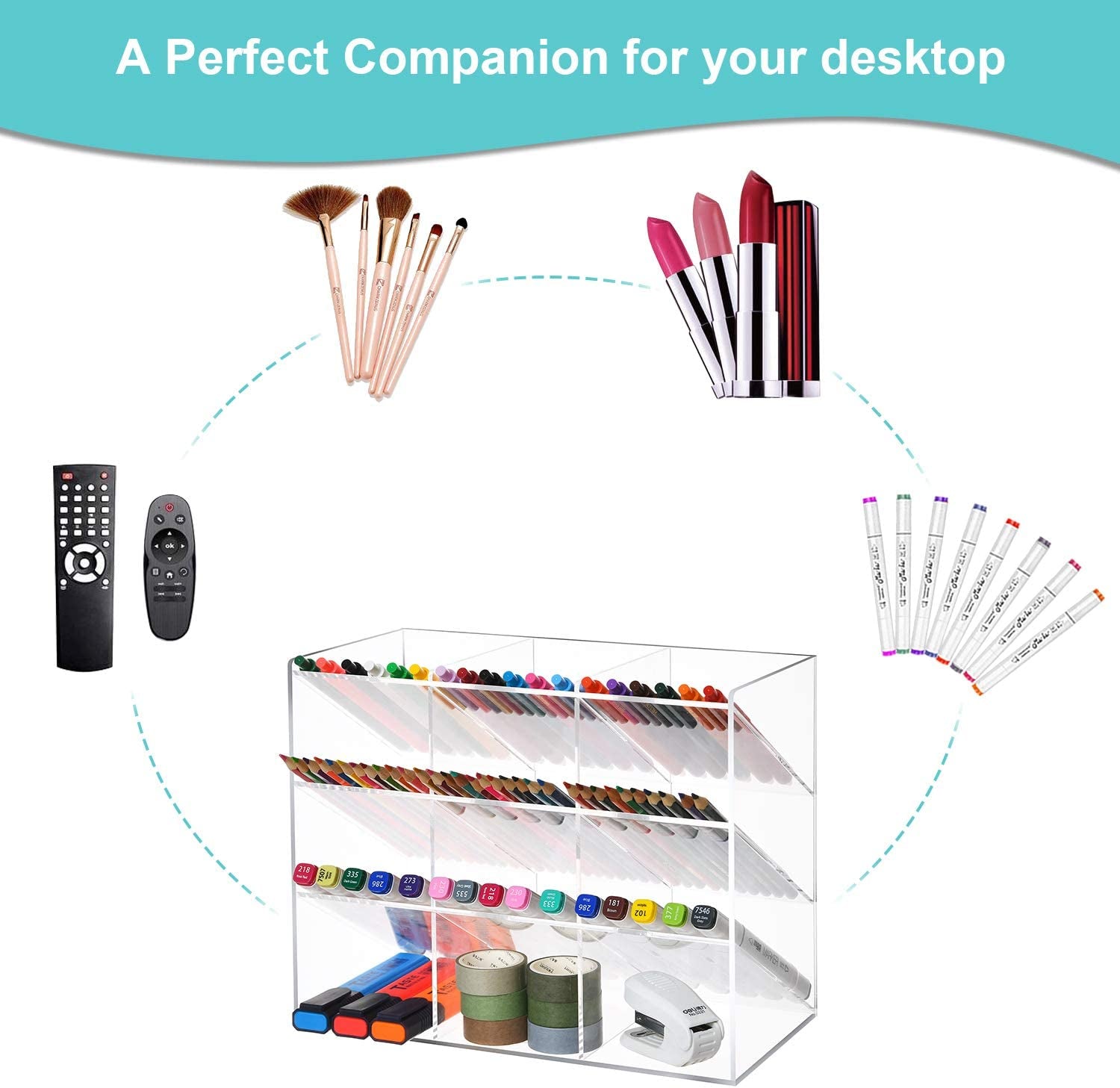 Clear Pen Organizer Storage, Acrylic Desk Organizer with 12 Compartments, Pen Organizer for Desk, Desktop Art Organizer for Office School Art Supplies