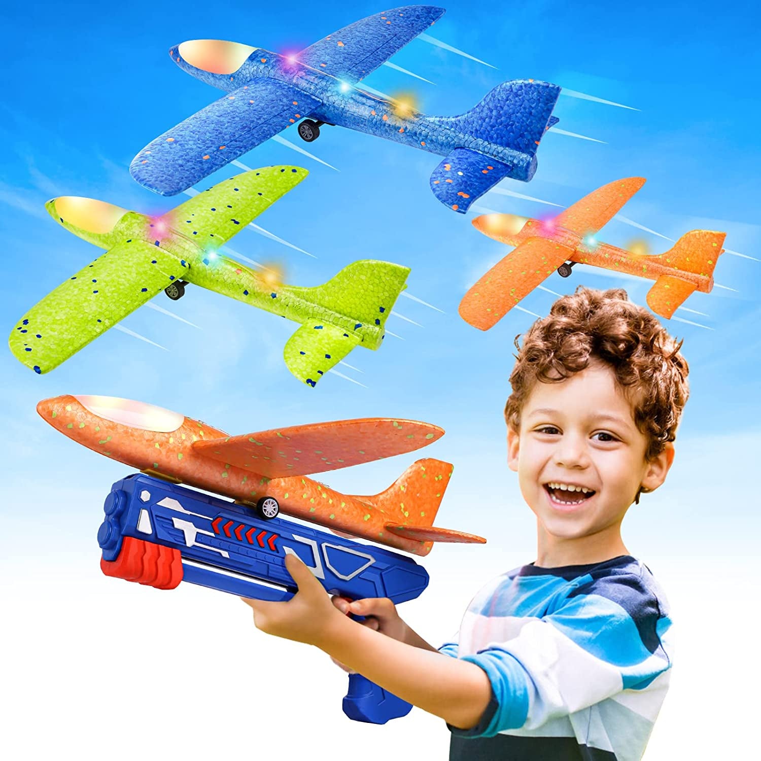 3 Pack Airplane Launcher Toys, 2 Flight Modes LED Foam Glider Catapult Plane Toy for Boys, Outdoor Flying Toys Birthday Gifts for Boys Girls 4 5 6 7 8 9 10 11 12 Year Old