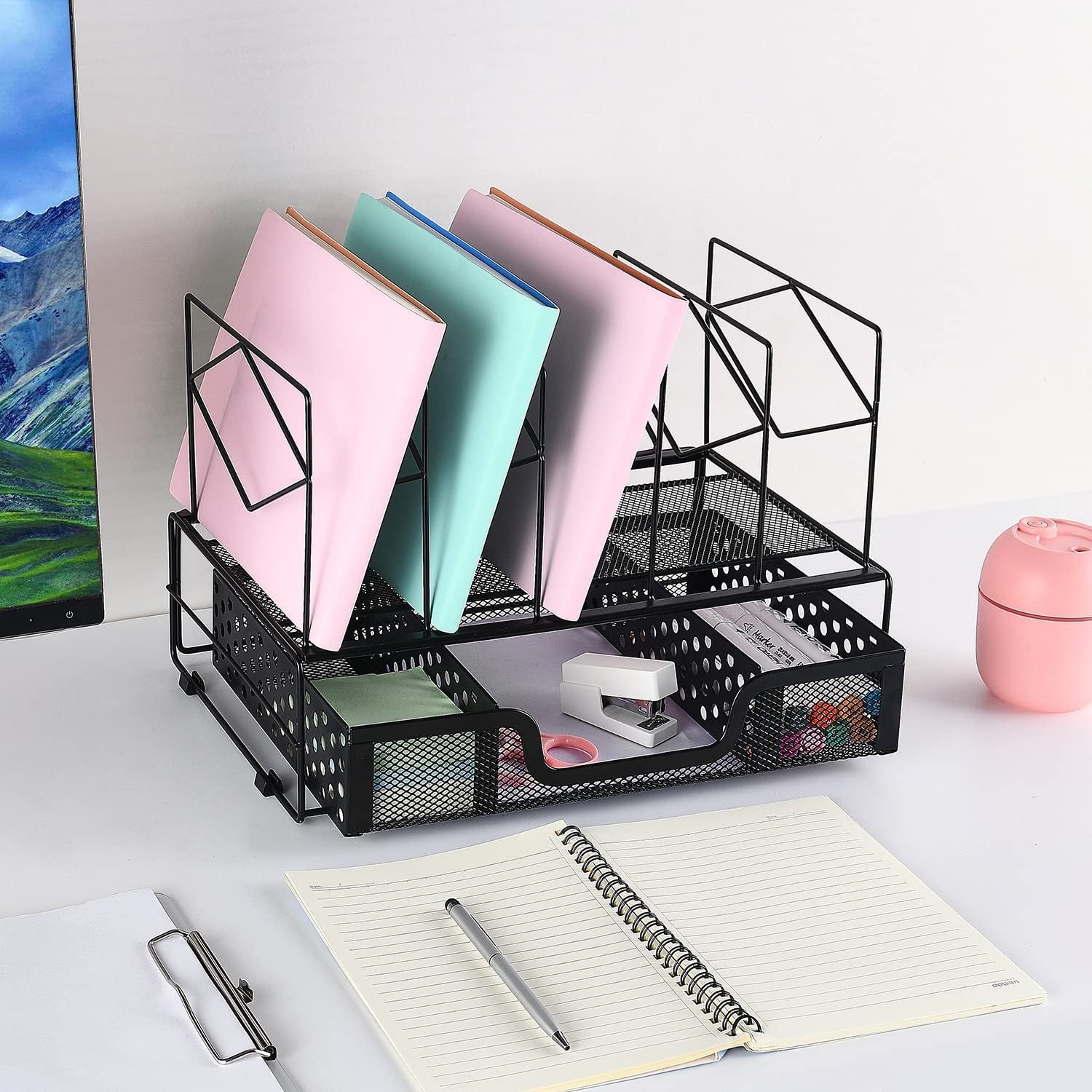 Desk Organizer and Accessories - Desktop Organizer with 5 Vertical File Sorters and Drawer for Office Supplies, Paper, Device and Folder (Black)