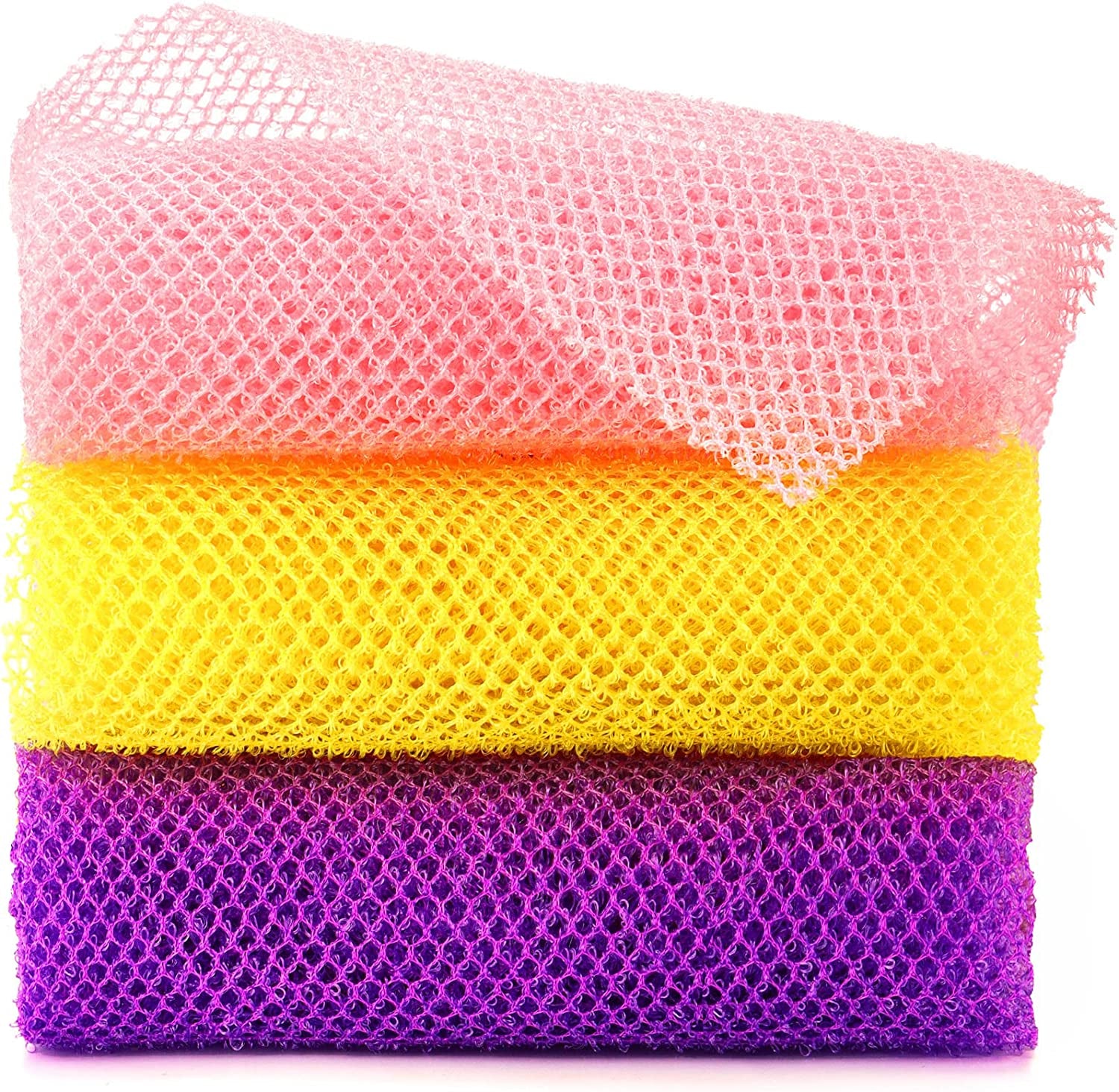 3 Pieces African Bath Sponge African Net Long Net Bath Sponge Exfoliating Shower Body Scrubber Back Scrubber Skin Smoother,Great for Daily Use (Pink,Yellow,Purple)