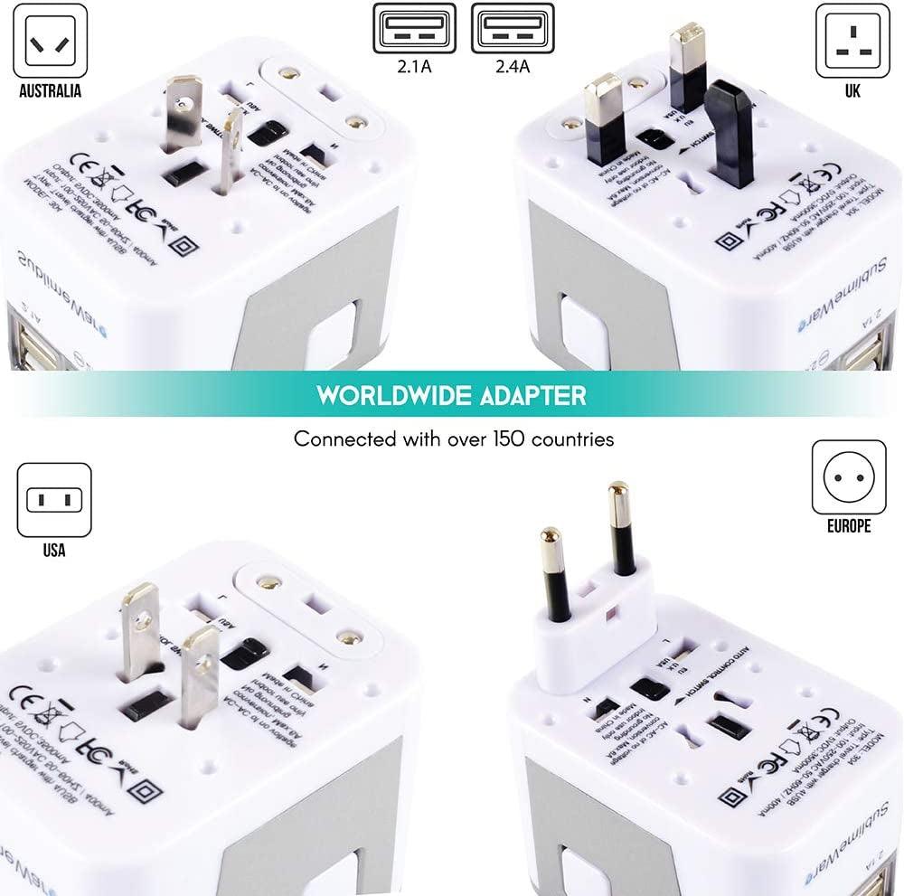 Power Plug Adapter (White) - 4 USB Ports Wall Charger - Fast Charging Adapter for 150 Countries - Multi Port Electric Plug - Type C Type a Type G Type I F for Uk Japan China Eu European by