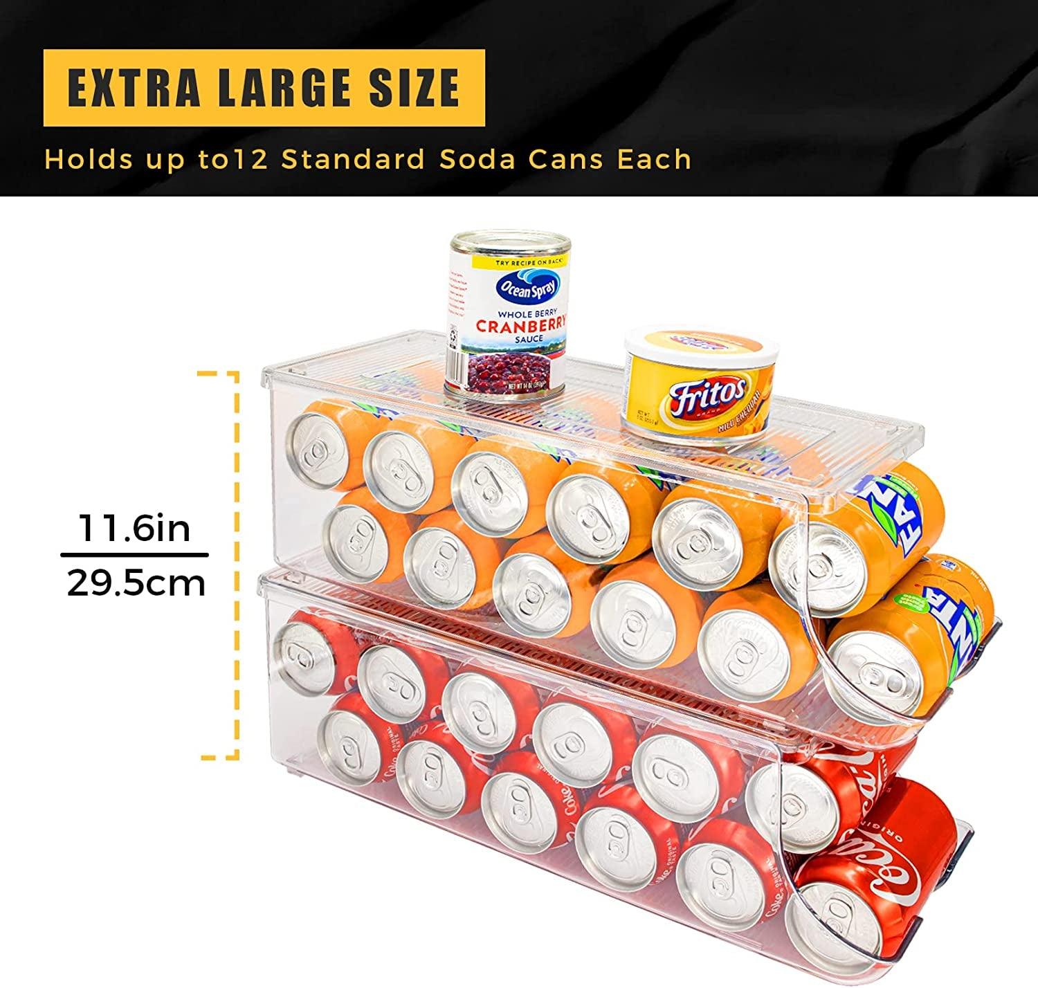 2 Pack Soda Can Organizer for Refrigerator, Stackable Canned Food Pop Cans Container Can Holder Dispenser with Lid for Fridge Pantry Rack Freezer, Clear Plastic Storage Bins-Holds 12 Cans Each
