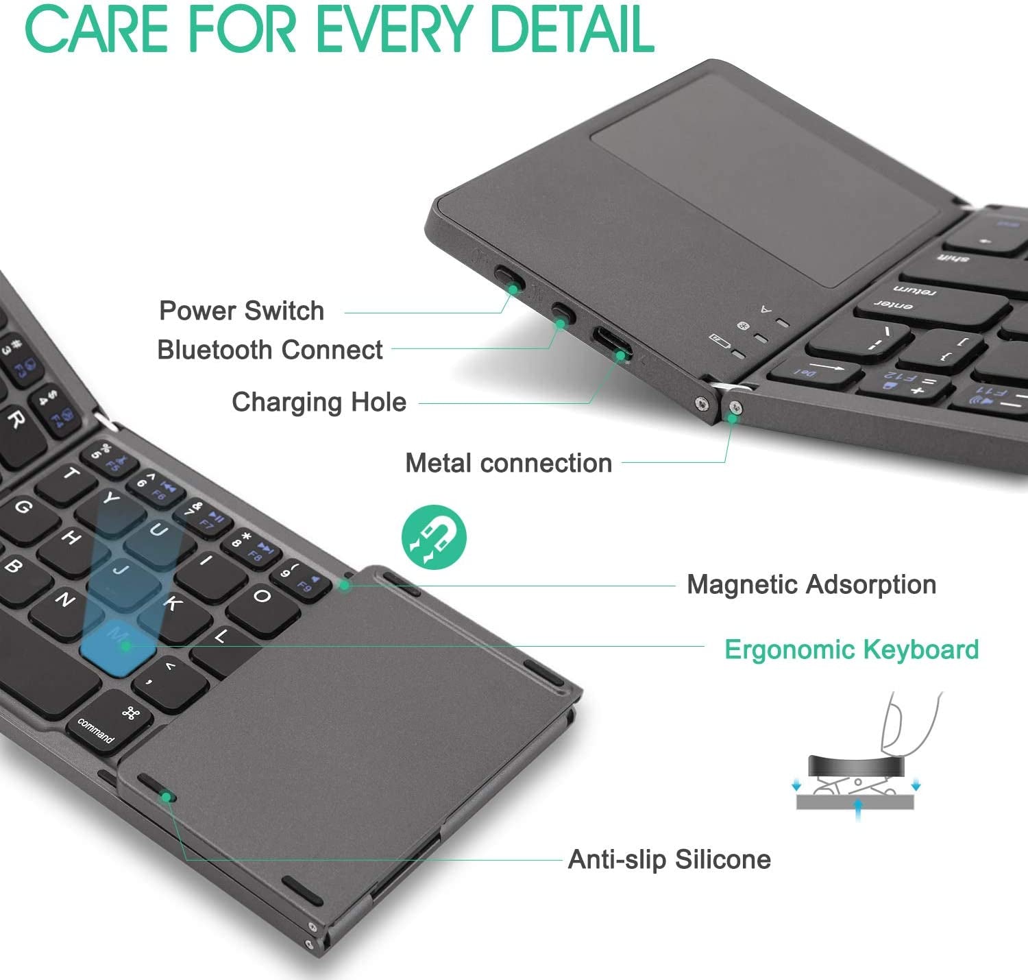 Foldable Bluetooth Keyboard with Touchpad -  Portable Wireless Keyboard with Stand Holder, Rechargeable Full Size Ultra Slim Pocket Folding Keyboard for Android Windows IOS Tablet & Laptop-Gray