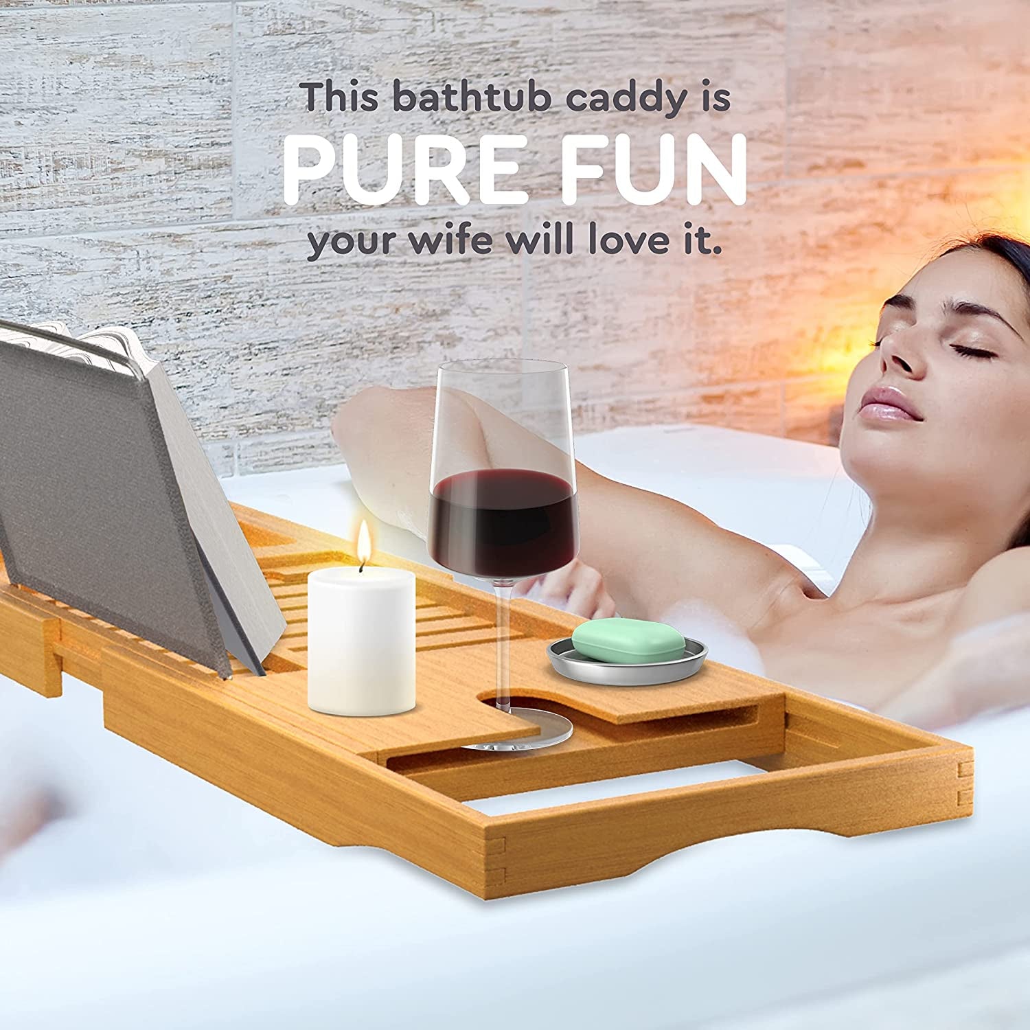 Premium Bathtub Tray Caddy - Bamboo Expandable Bath Tray - Unique House Warming Gifts, New Home, Anniversary & Wedding Gifts for Couple, Bridal Shower Gift for Women
