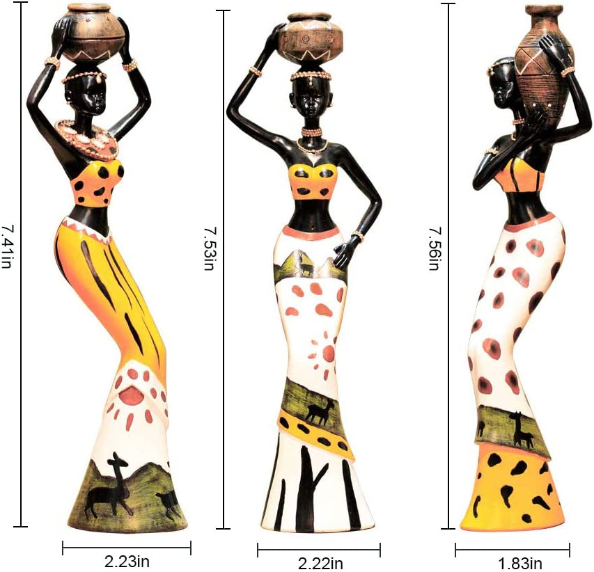 3 Pack African Sculpture,7.5" Women Figure Girls Tribal Lady Figurine Statue Decor Collectible Art Piece Human Decorative Home Black Figurines Creative Vintage Gift Crafts Dolls Ornaments