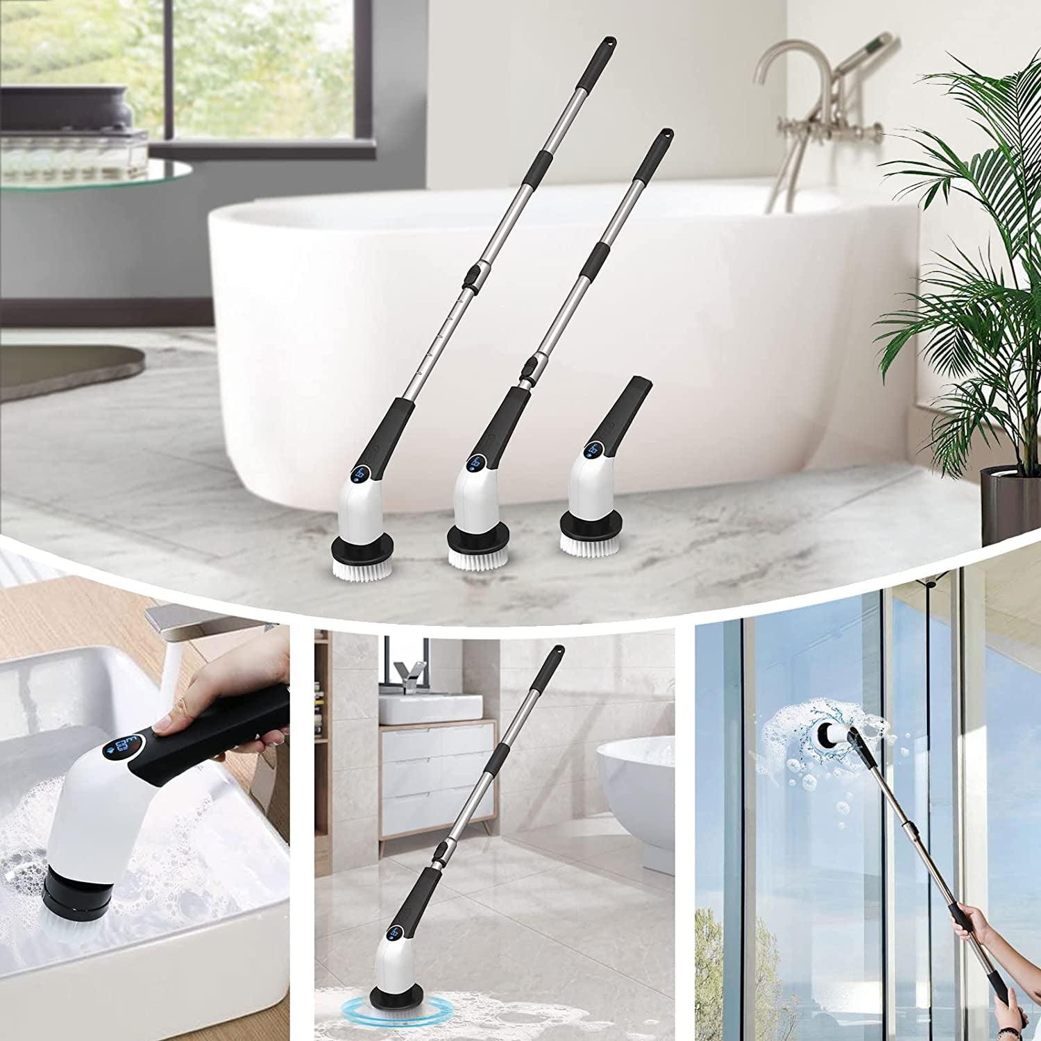 Electric Spin Scrubber,  Shower Scrubber with LED Screen, Power Shower Scrubber for Bathroom, Kitchen, Floor, Tile, Tub with 12-45 in Adjustable Extension Arm and 8 Replaceable Drill Brush Heads