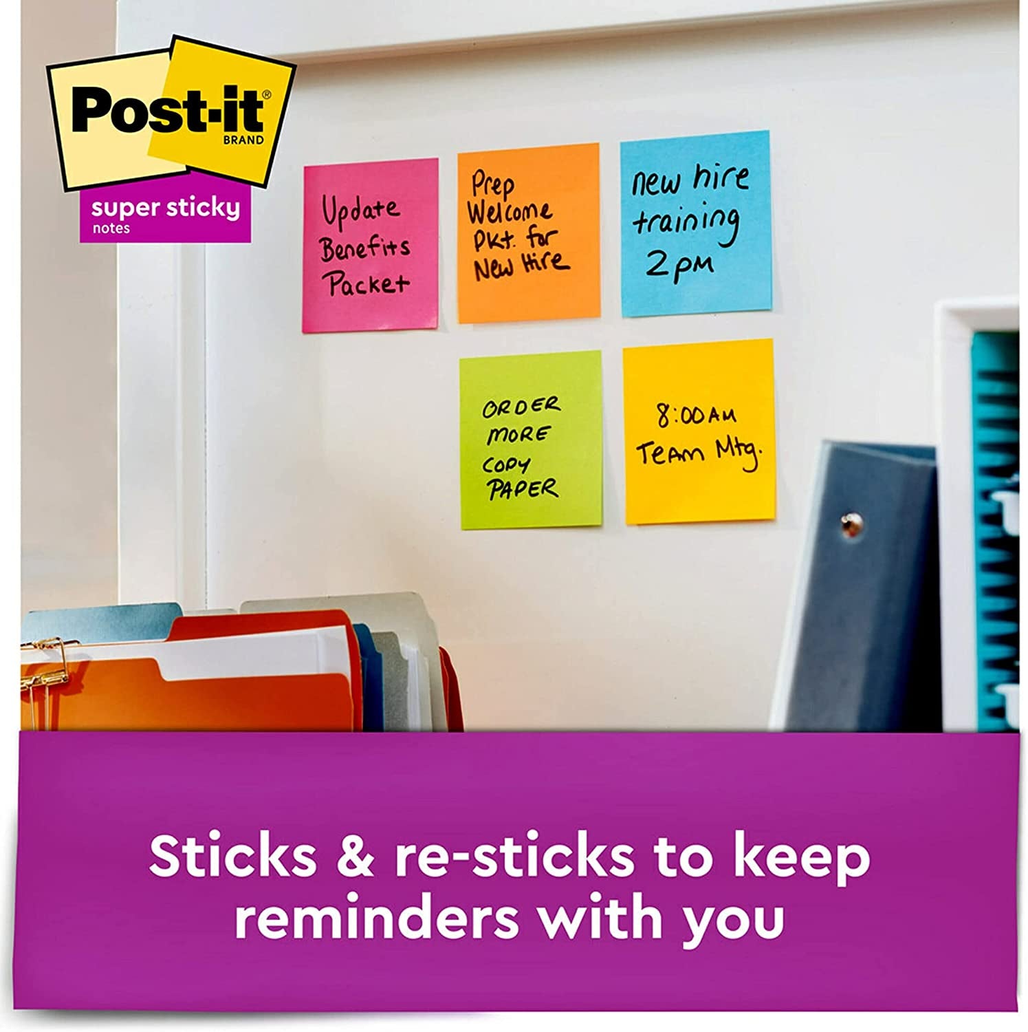 Post-It Super Sticky Notes, 3X3 In, 3 Pads, 2X the Sticking Power, Bright Colors (Orange, Pink, Green), Recyclable (3321-SSAU)