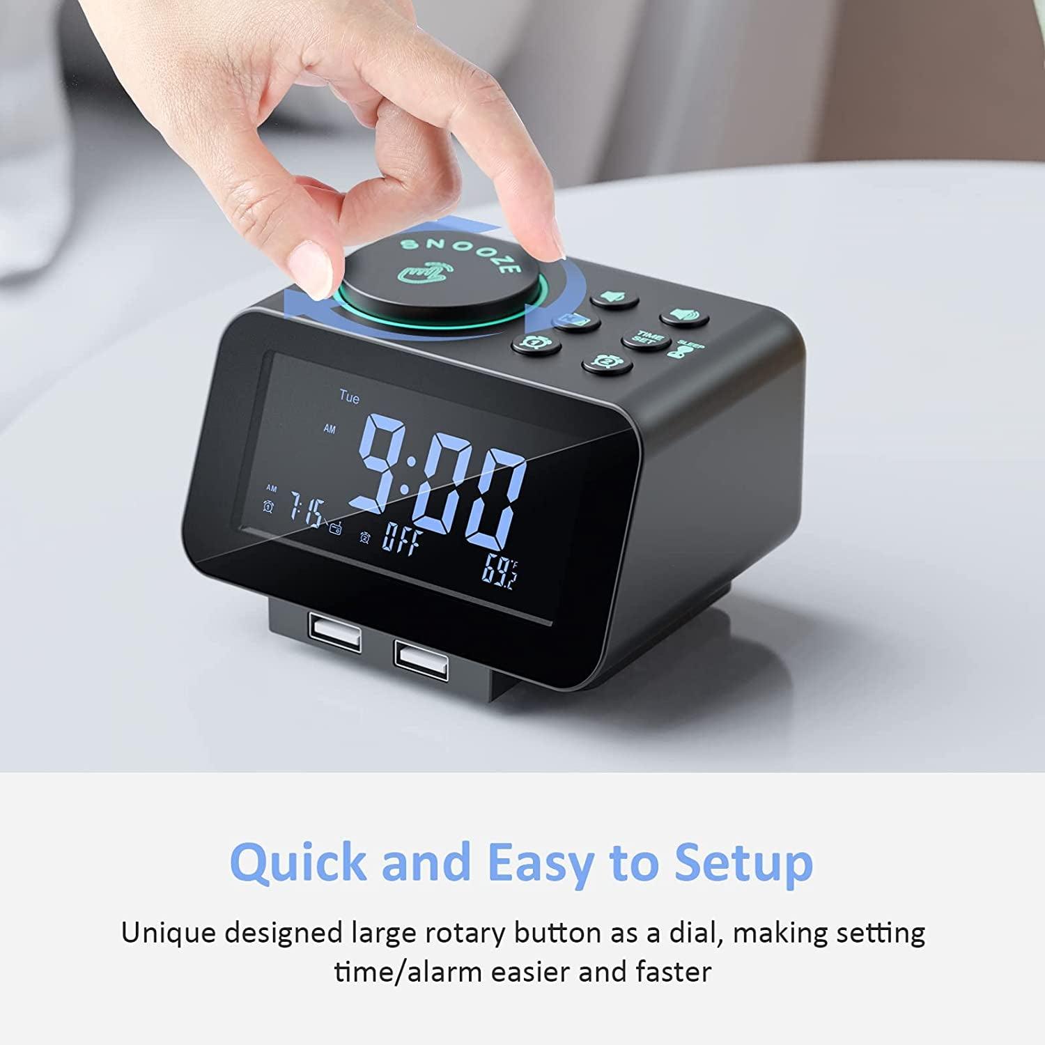 Digital Alarm Clock Radio - 0-100% Dimmer, Dual Alarm with Weekday/Weekend Mode, 6 Sounds Adjustable Volume, FM Radio W/Sleep Timer, Snooze, 2 USB Charging Ports, Thermometer, Battery Backup