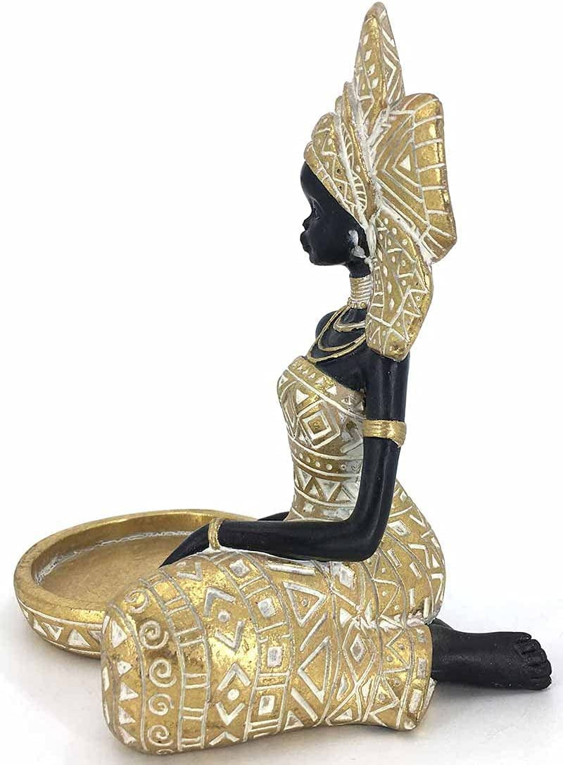 African Lady Figurine Candle Holder with African Tribal Totem for Wedding,Church,Holiday Decor-African Decorative Women Statues, Candlestick Holder for Home and Table Decor(754-Gold)