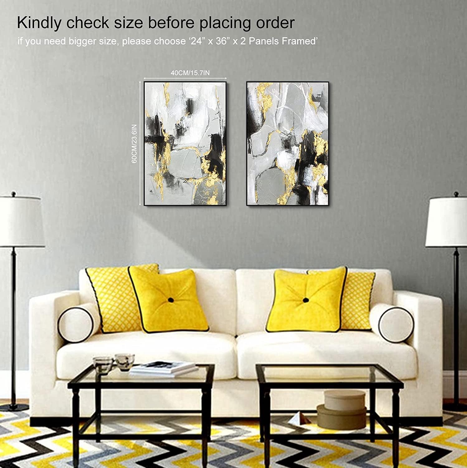 Black and Gold Abstract Wall -Art Decor- 2 Pack 16" X 24" Black and White Canvas Wall Decor with Gold Foil for Living Room, Bedroom, Office, Framed, Ready to Hang