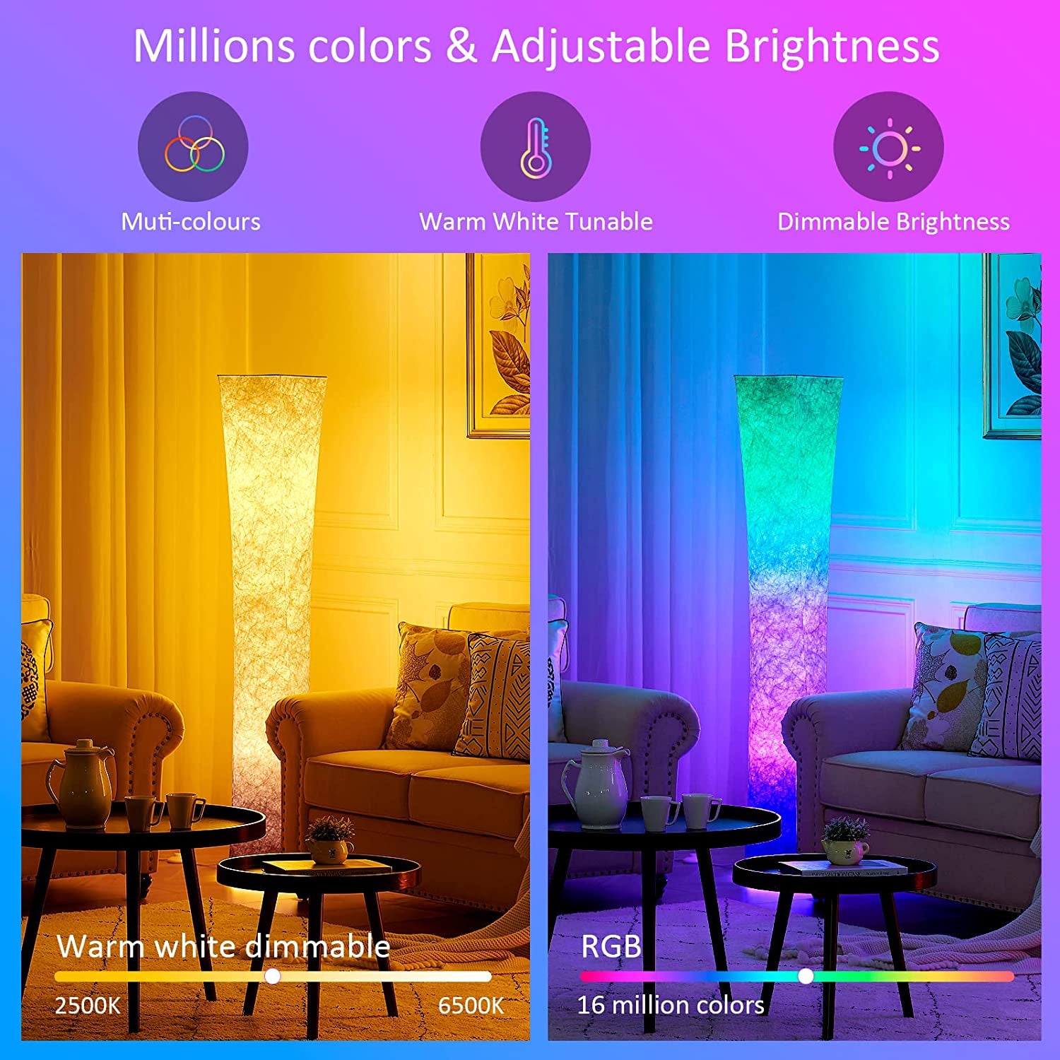 Floor Lamp for Living Room, 64"(XL) Standing Lamp, RGB Color Changing LED Bulbs, Adjustable Brightness Color Temperature, Red Fabric Lampshade, Remote Control, for Bedroom Kids Room Play Room