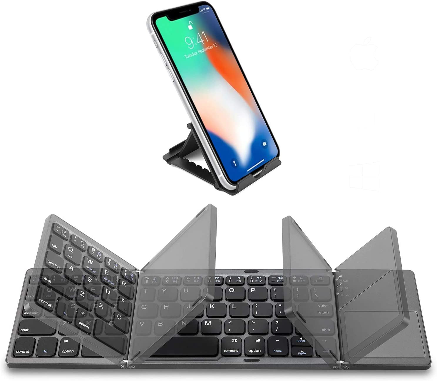 Foldable Bluetooth Keyboard with Touchpad -  Portable Wireless Keyboard with Stand Holder, Rechargeable Full Size Ultra Slim Pocket Folding Keyboard for Android Windows IOS Tablet & Laptop-Gray
