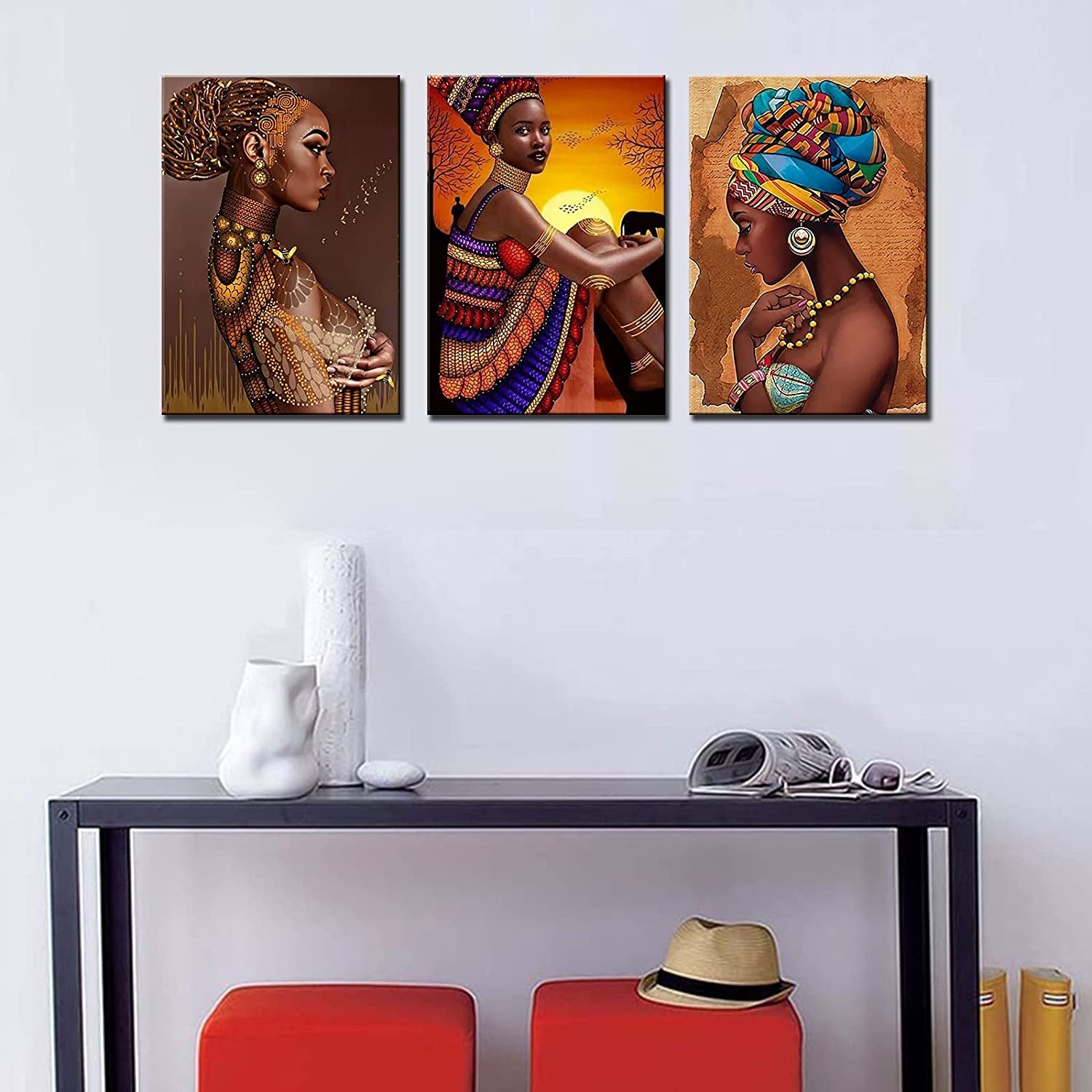 African Women Portrait Canvas Wall Art for Living Room Decor 3 Pieces Colorful Weird African Girl Oil Paintings Brown Kitchen Wall Decor Artwork Home Decor Room Wall Pictures Framed 42X20 Inch